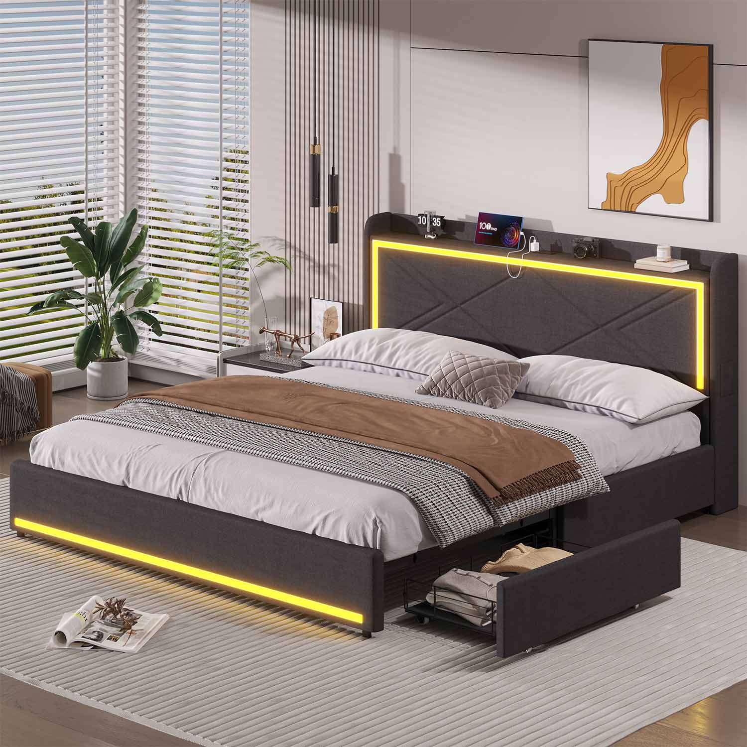 Sikaic Bed Frame PU Leather LED Bed Frame with Charging Station Storage Headboard Grey