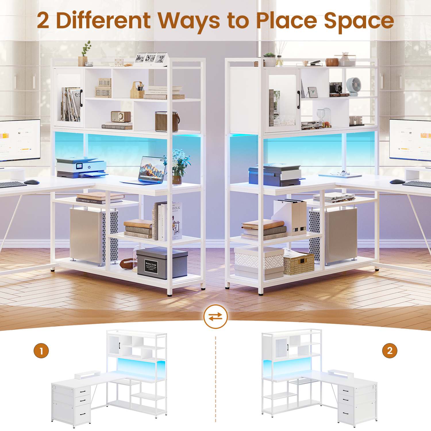 Sikaic Gaming Desk 58 Inches L Shaped Gaming Desk with LED Light 3 Drawers and Bookshelf Storage Shelves White
