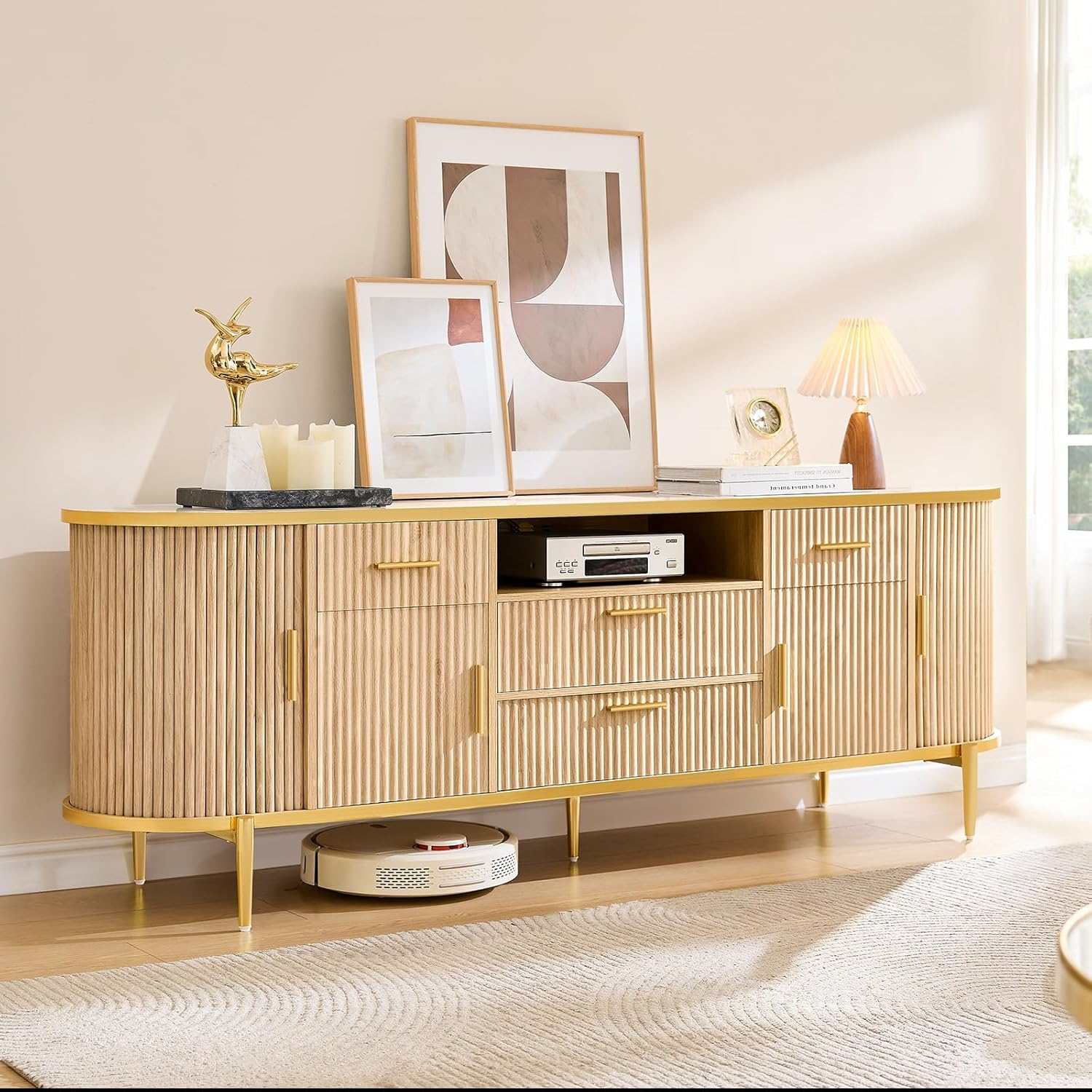Sikaic TV Stands 70 Inches Fluted TV Stand with Side Sliding Door Natural Oak Natural Color / Engineered Wood / Modern