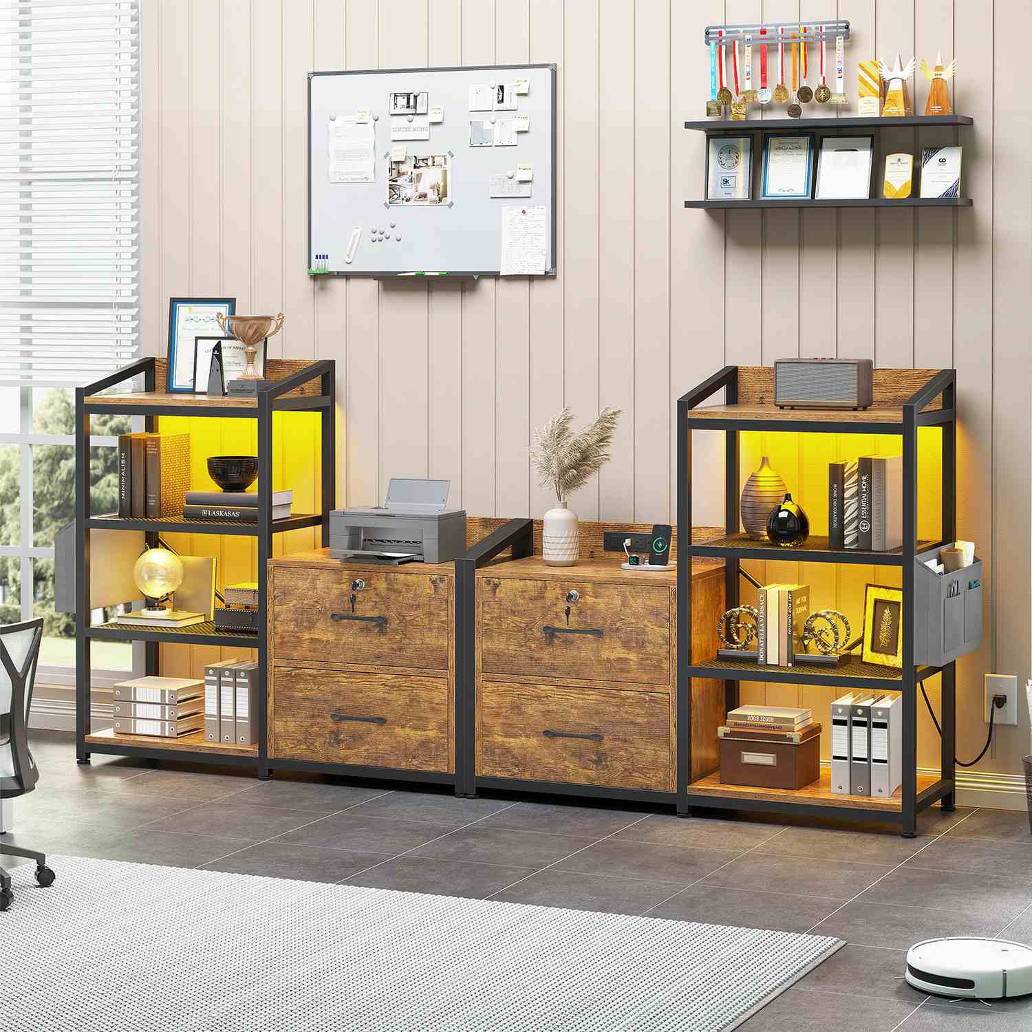 Sikaic File Cabinet 35.4 inches LED File Cabinet Power Strip with 2 Drawe fits Letter/A4 Size Brown