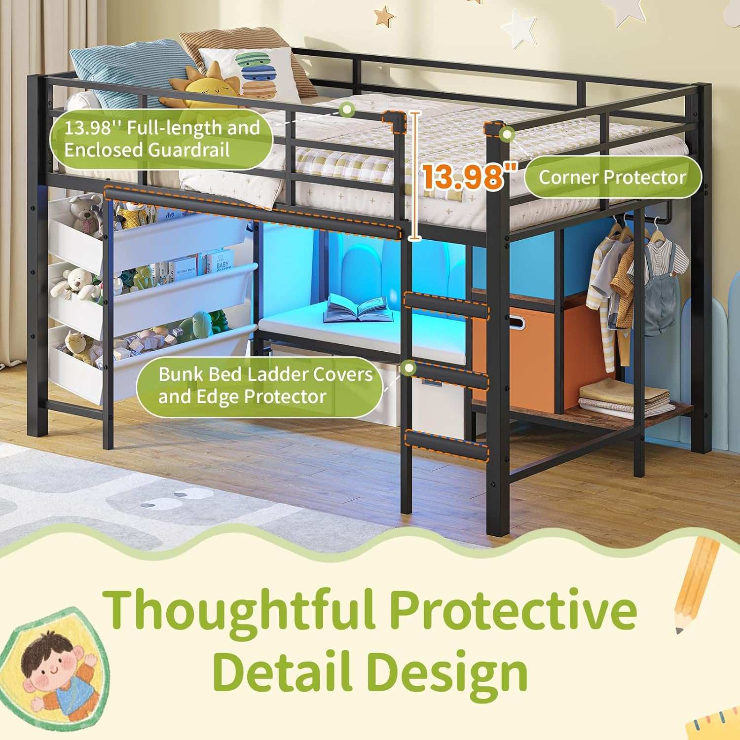 Sikaic Loft Bed Frame Low Loft Bed Twin Size with Reading Corner and Storage Basket Black Black / Metal / Modern