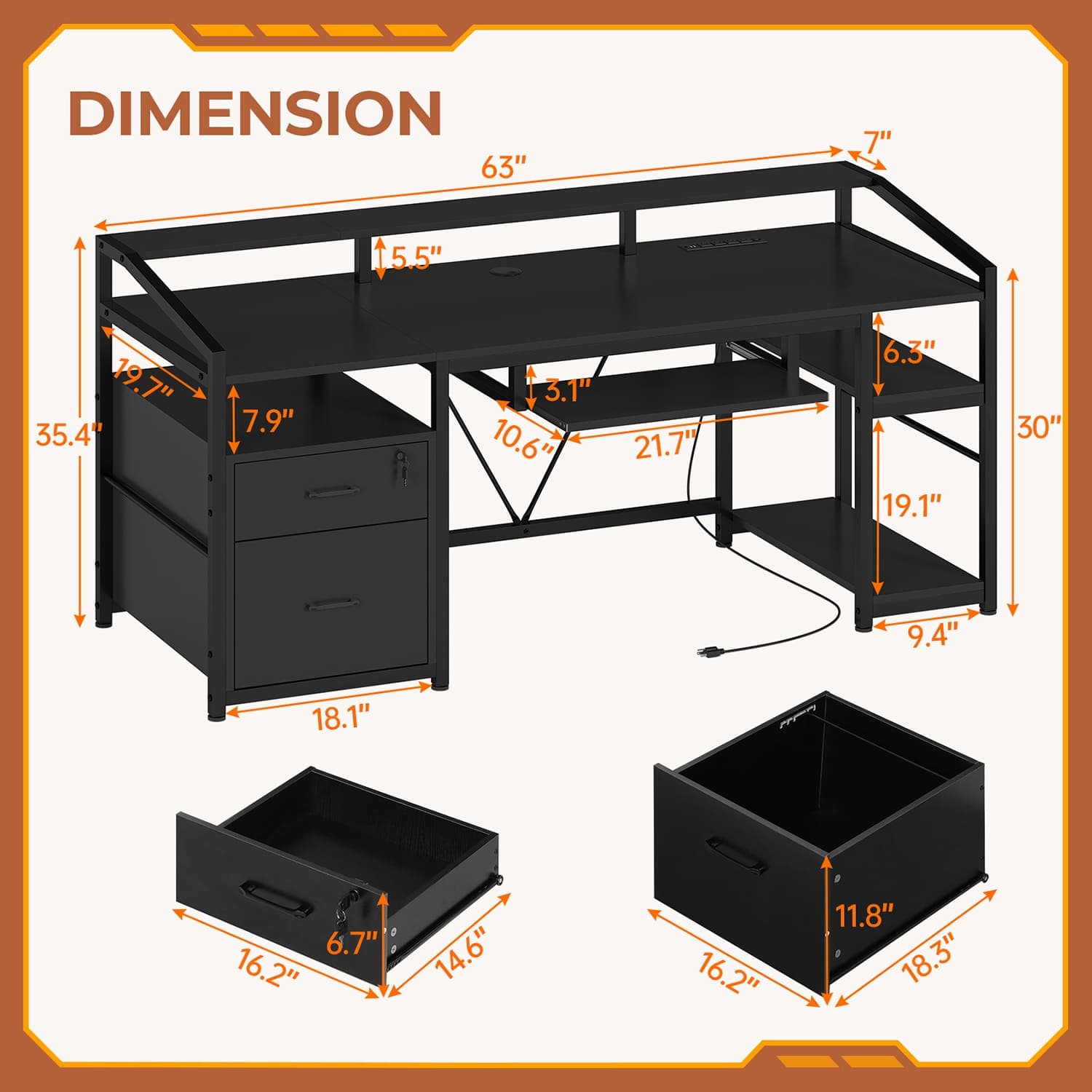 Sikaic Gaming Desk 63 Inches Gaming Desk with LED Light Drawers Black