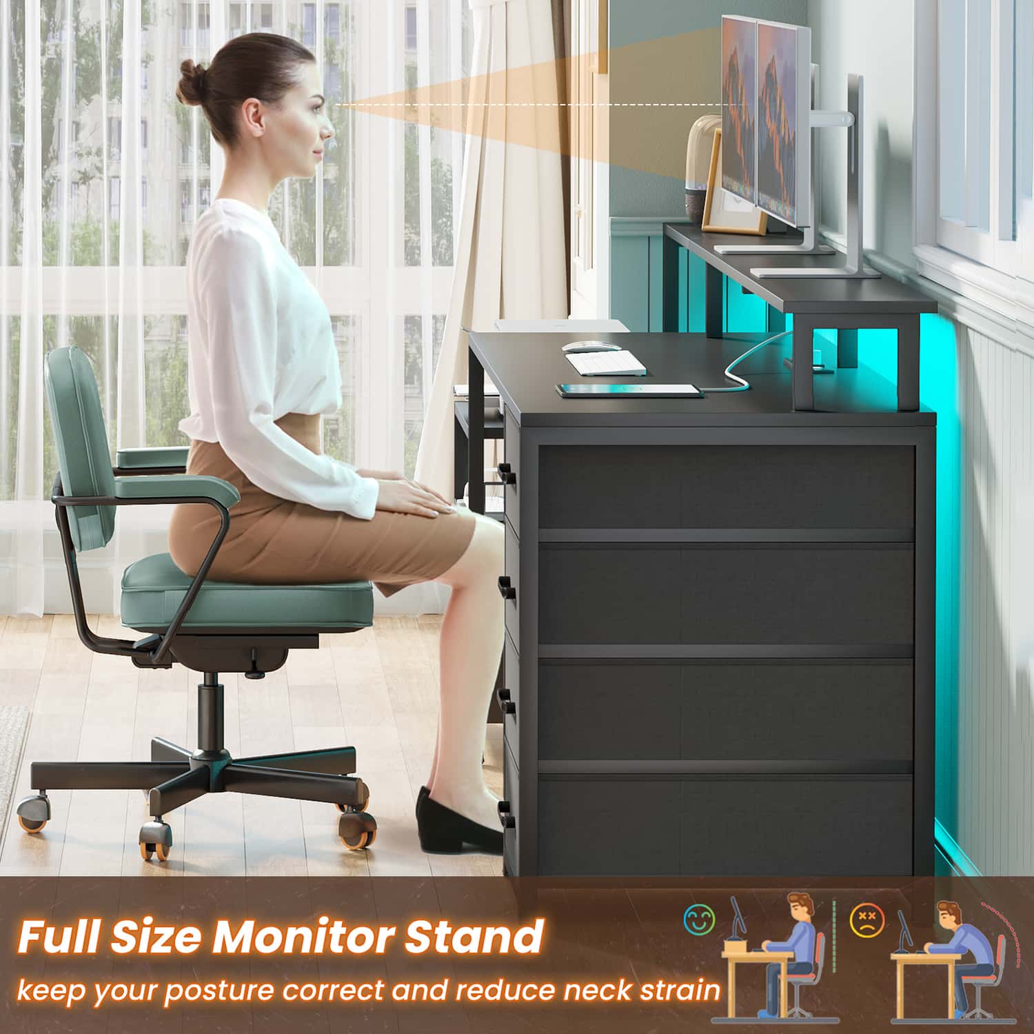 Sikaic Gaming Desk 66 inches LED Gaming Desk with File Drawer Power Outlet  Printer Cabinet and Monitor Shelf Black