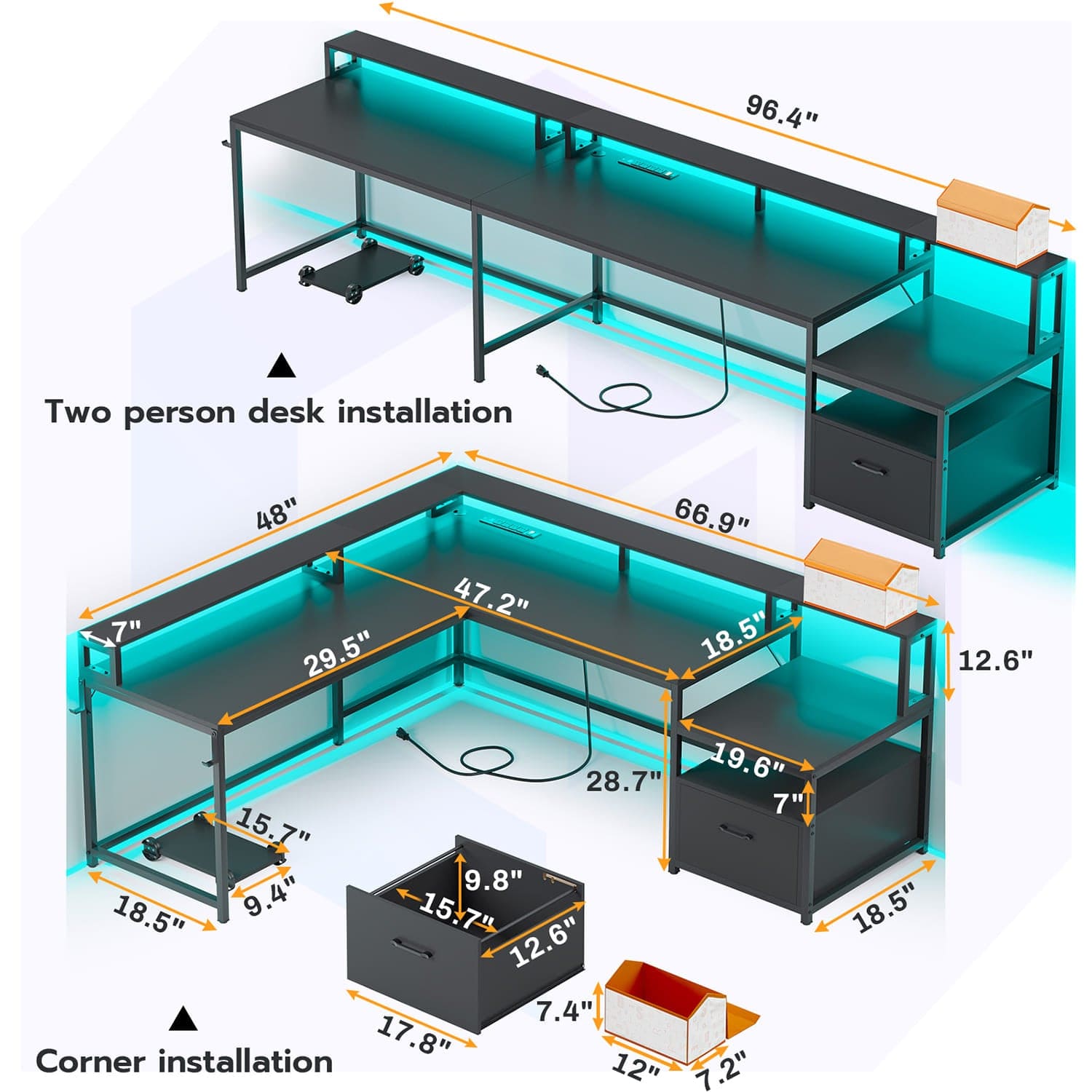 Sikaic 66" L Shaped Corner Two Person Gaming Desk with File Drawer Power Outlet Led Lights Monitor Shelf Black
