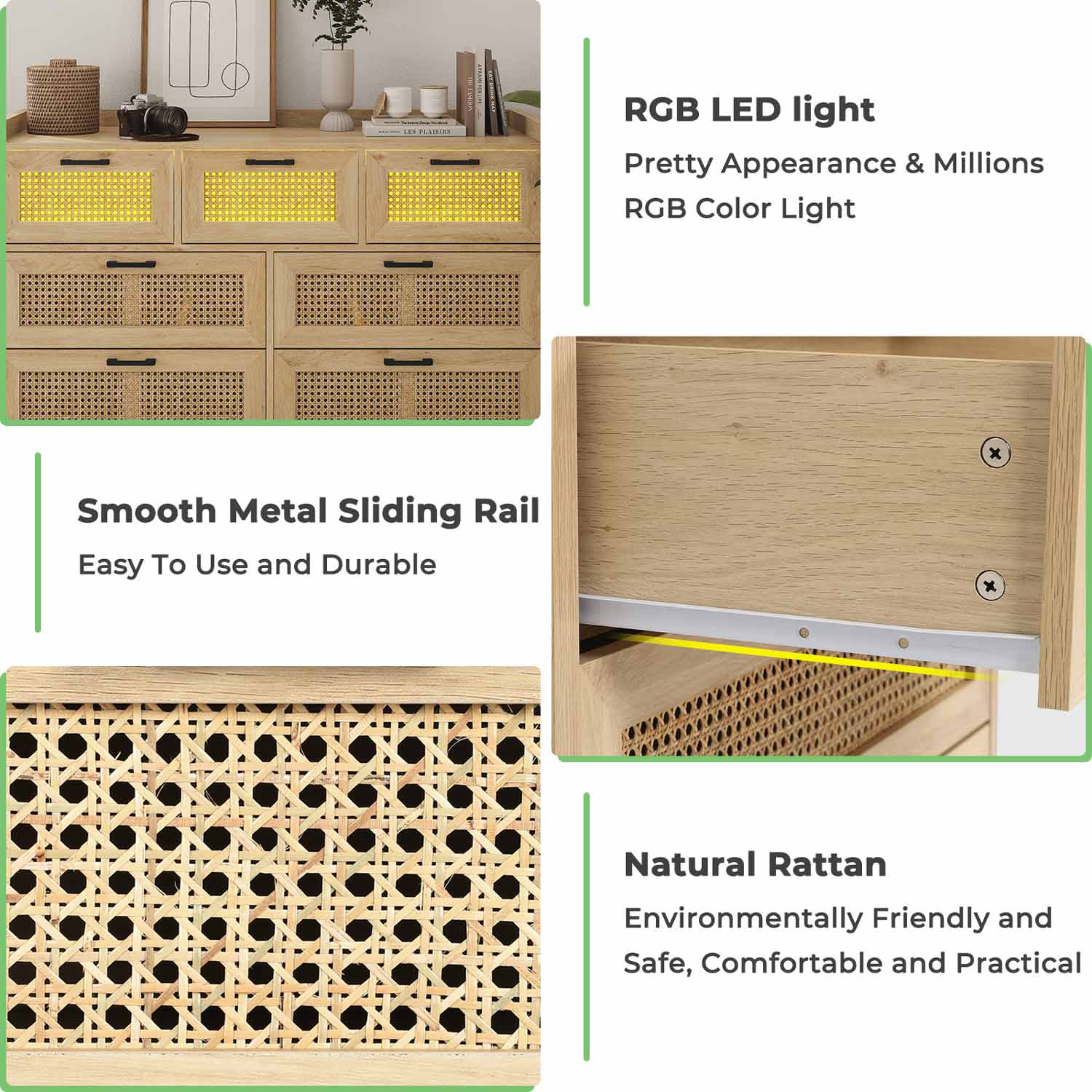 Sikaic 7 Drawer Dressers for Bedroom with Led Light Natural Rattan
