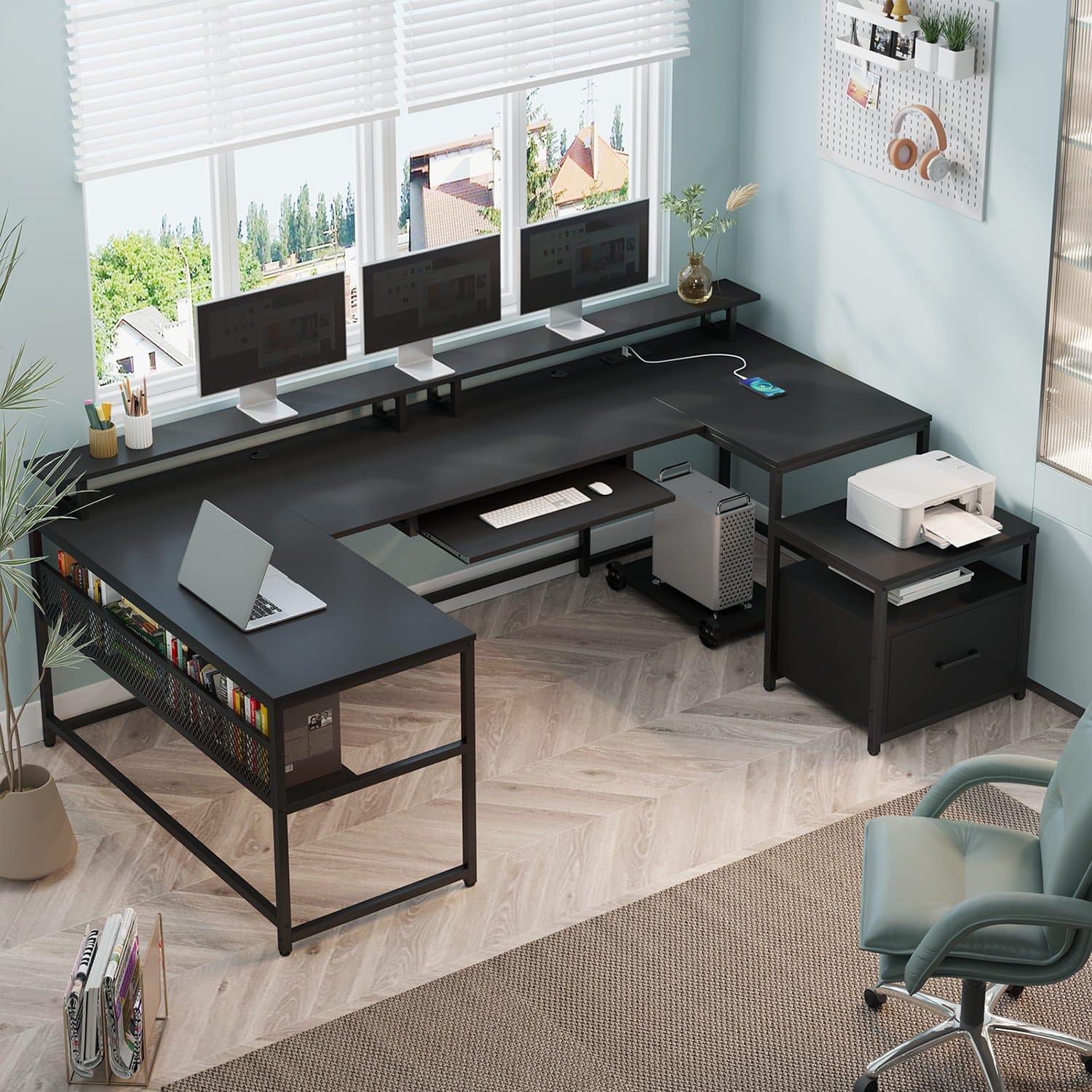 Sikaic Computer Desk 101.5 Inches U Shaped Reversible L Shaped Computer Desk with File Drawer Power Outlet Keyboard Tray Black