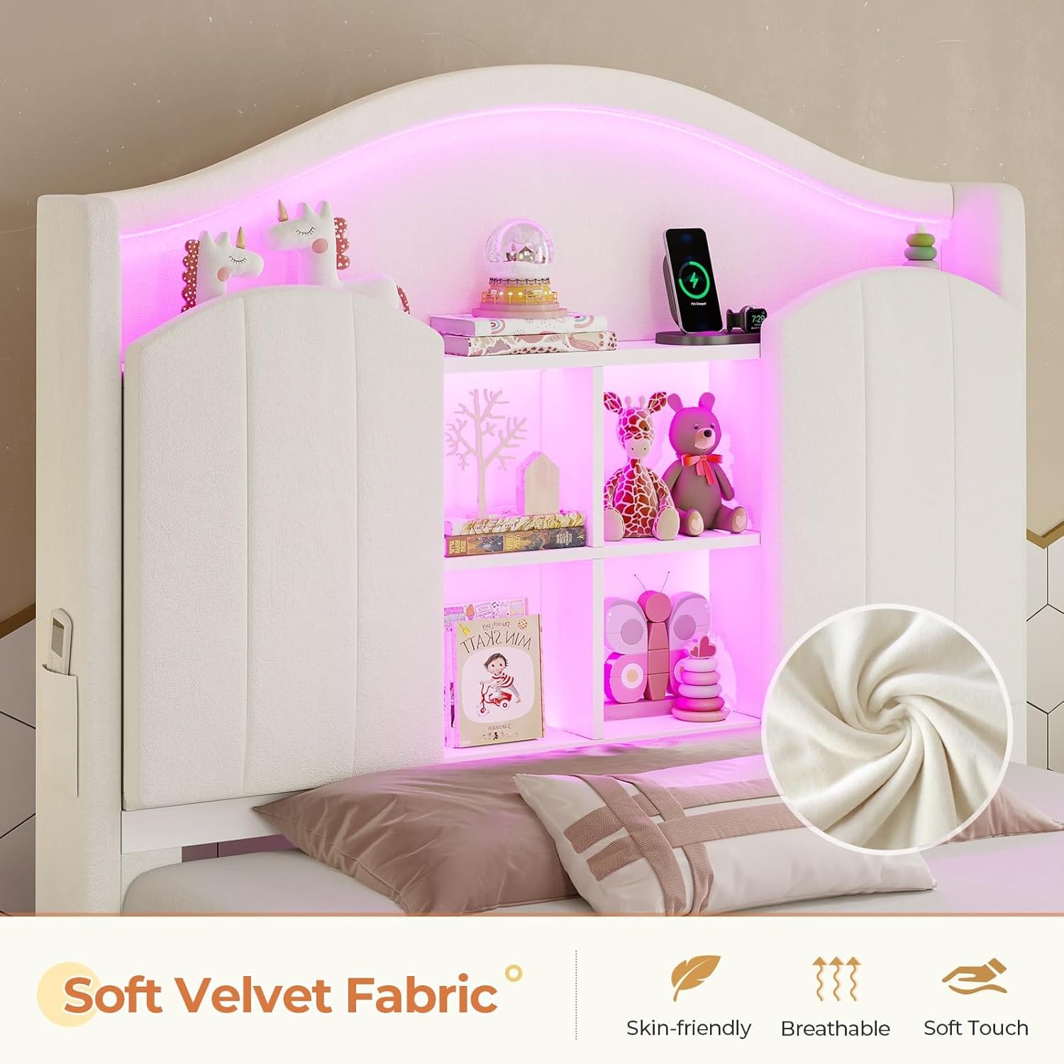 Sikaic Bed Frame Twin Size LED Bed Frame with Charging Station and Storage Headboard White White / Engineered Wood / Modern