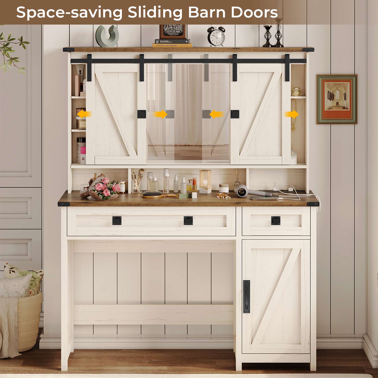 Sikaic Makeup Vanity Sliding Mirror Makeup Vanity with Lights & Barn Doors Charging Station Jewelry Hooks and Open Storage Shelves White