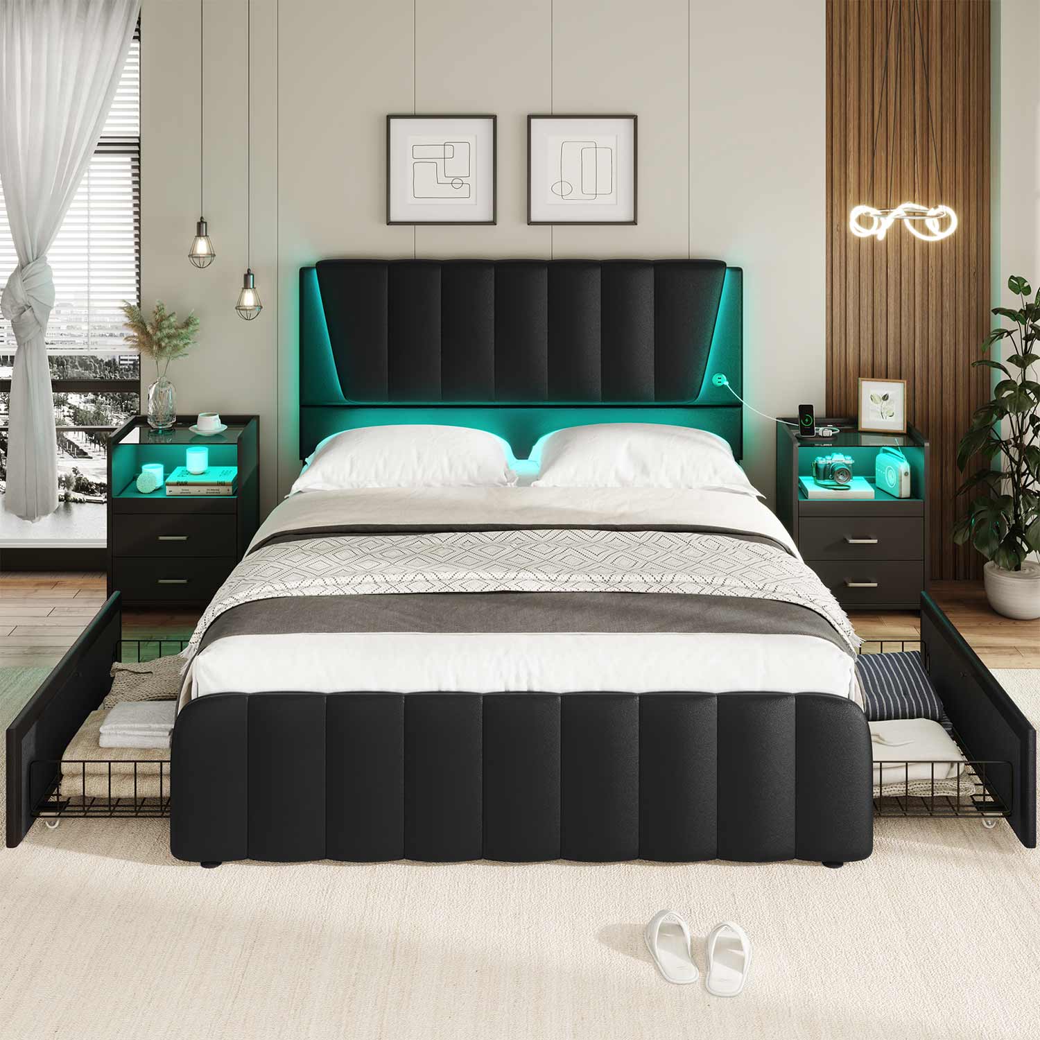 Sikaic Beds & Bed Frames LED Bed Frame with USB Ports Adjustable Headboard and 4 Storage Drawers Black