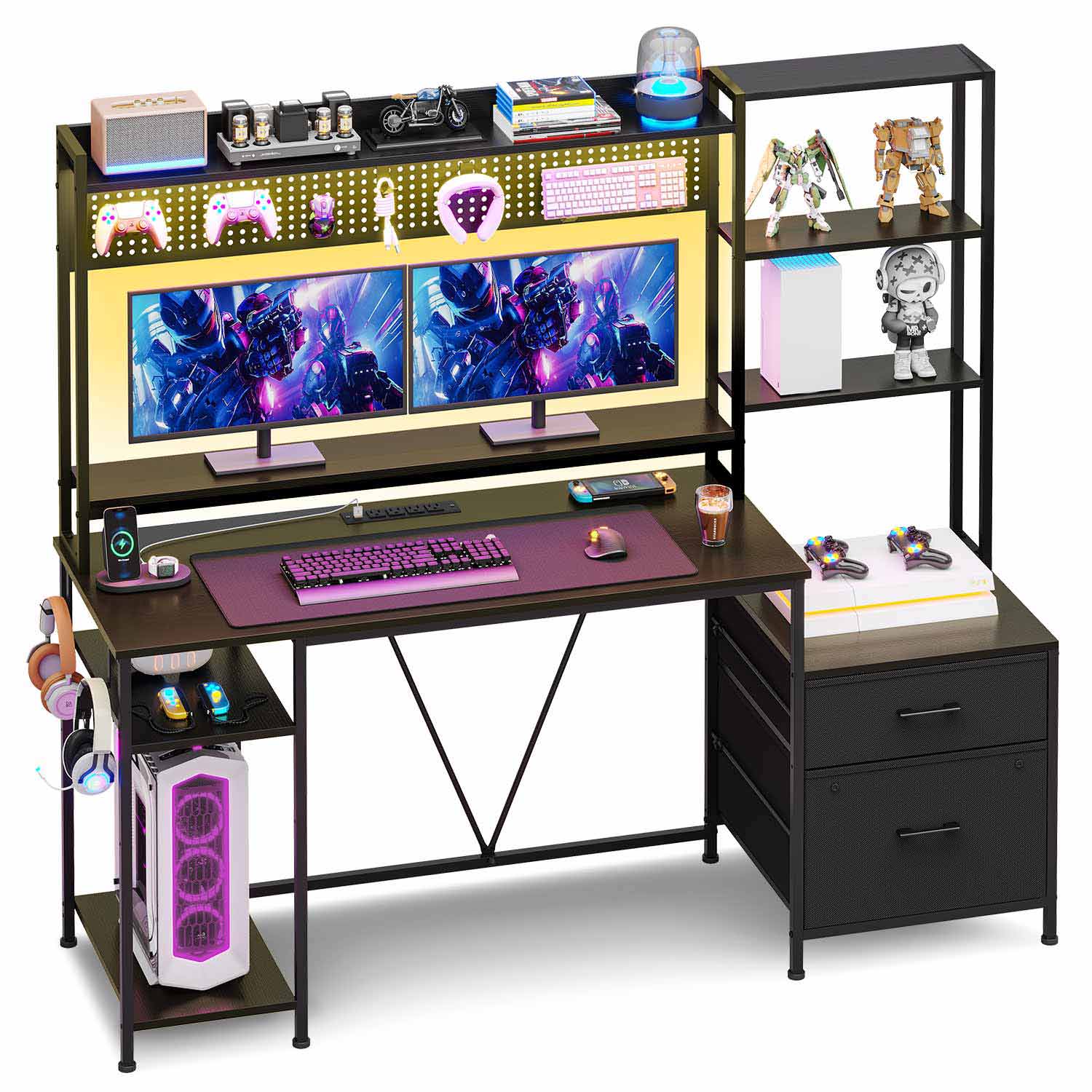 Sikaic Gaming Desk 65in Reversible LED Gaming Desk Black Black / Engineered Wood / Modern