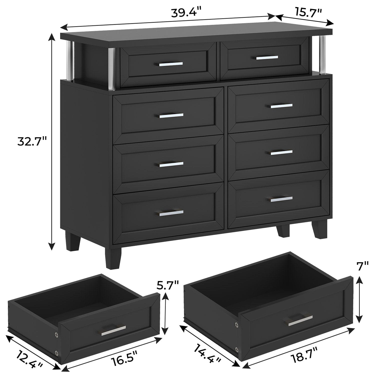 Sikaic Dresser 8 Drawers Dresser with Column Design & Led Lights Black