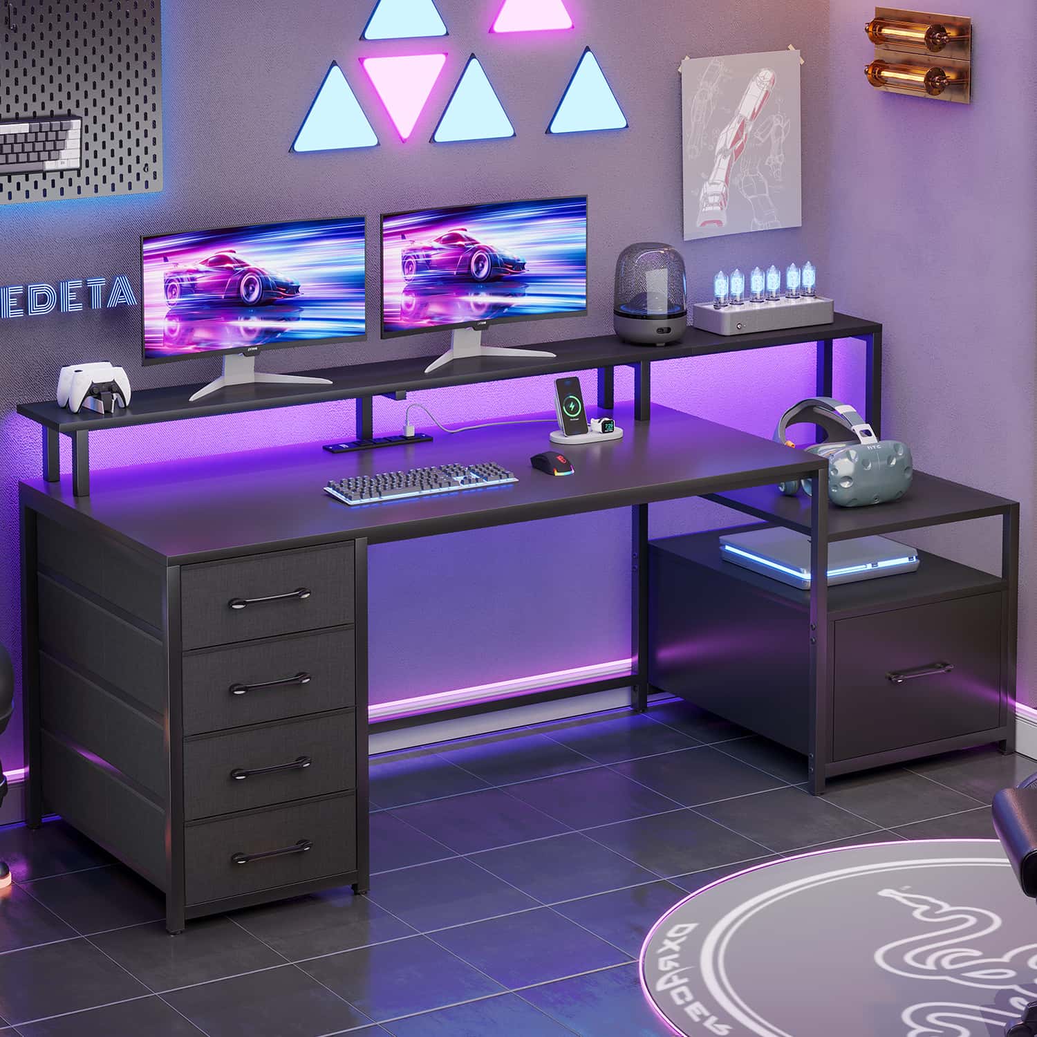Sikaic Gaming Desk 66 inches LED Gaming Desk with File Drawer Power Outlet  Printer Cabinet and Monitor Shelf Black