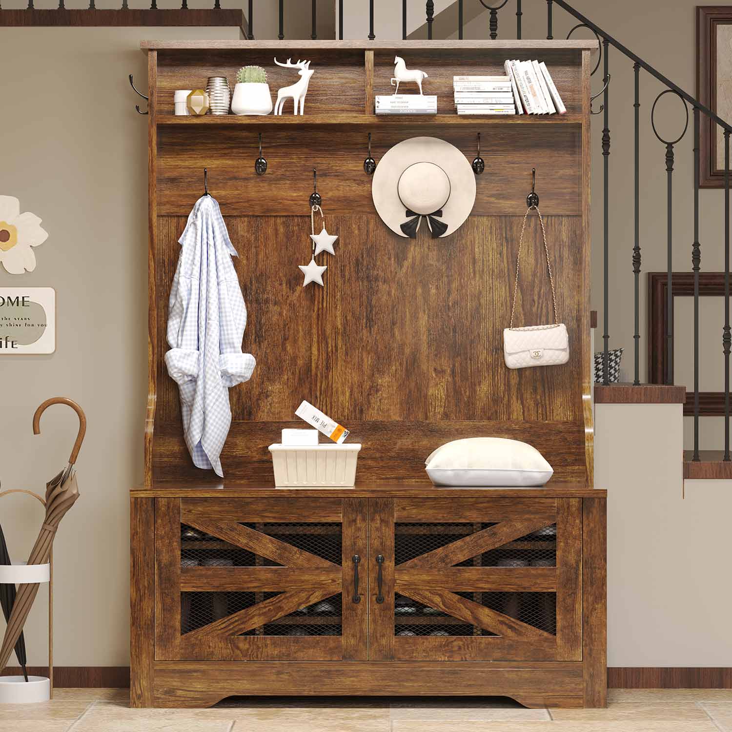 Sikaic Hall Tree 5-in-1 Hall Tree with Bench and Shoe Storage Rustic Brown