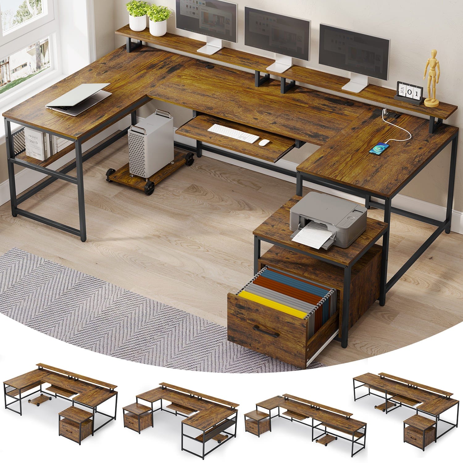 Sikaic Computer Desk 101.5 Inches U Shaped Reversible L Shaped Computer Desk with File Drawer Power Outlet Keyboard Tray Rustic Brown