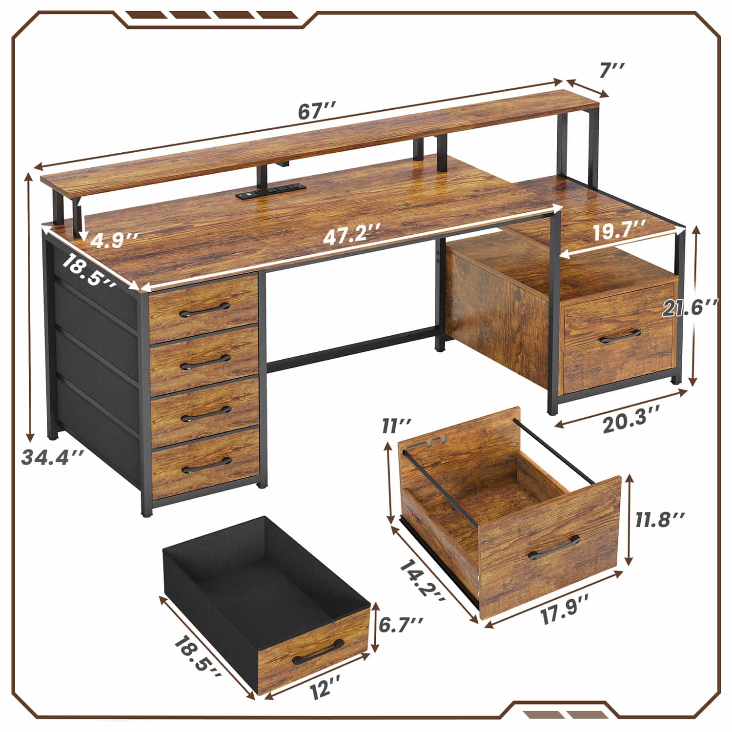 Sikaic Gaming Desk 66 inches LED Gaming Desk with File Drawer Power Outlet  Printer Cabinet and Monitor Shelf Brown