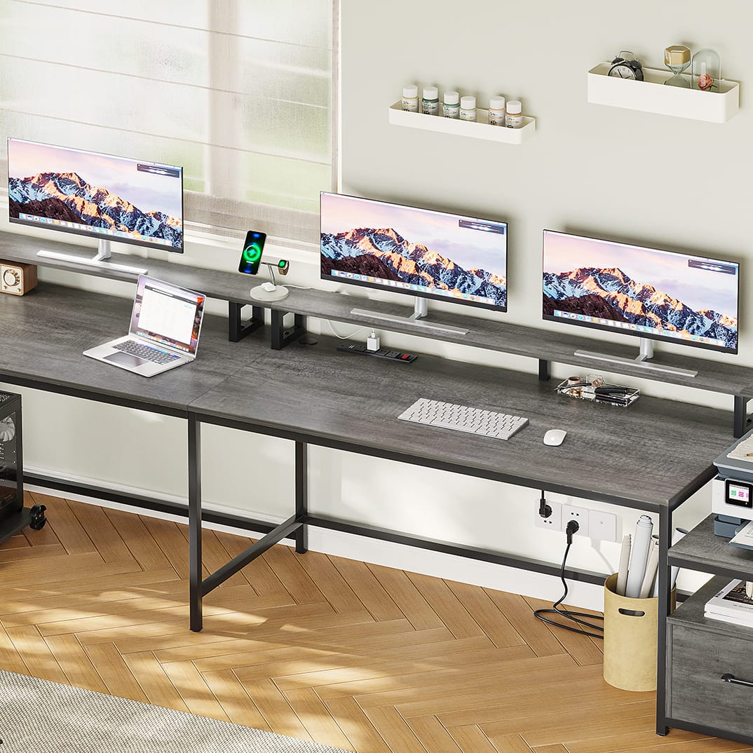 Sikaic 66" L Shaped Corner Two Person Gaming Desk with File Drawer Power Outlet Led Lights Monitor Shelf Grey