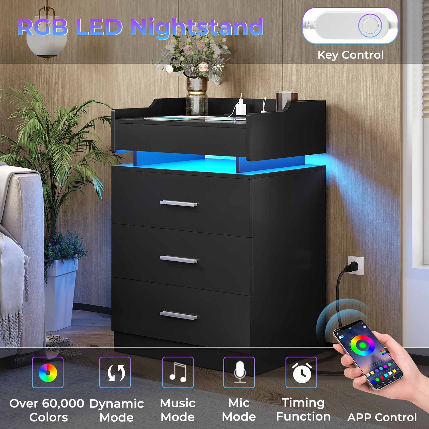 Sikaic Nightstand Large Nightstand with Charging Station and LED Lights Black