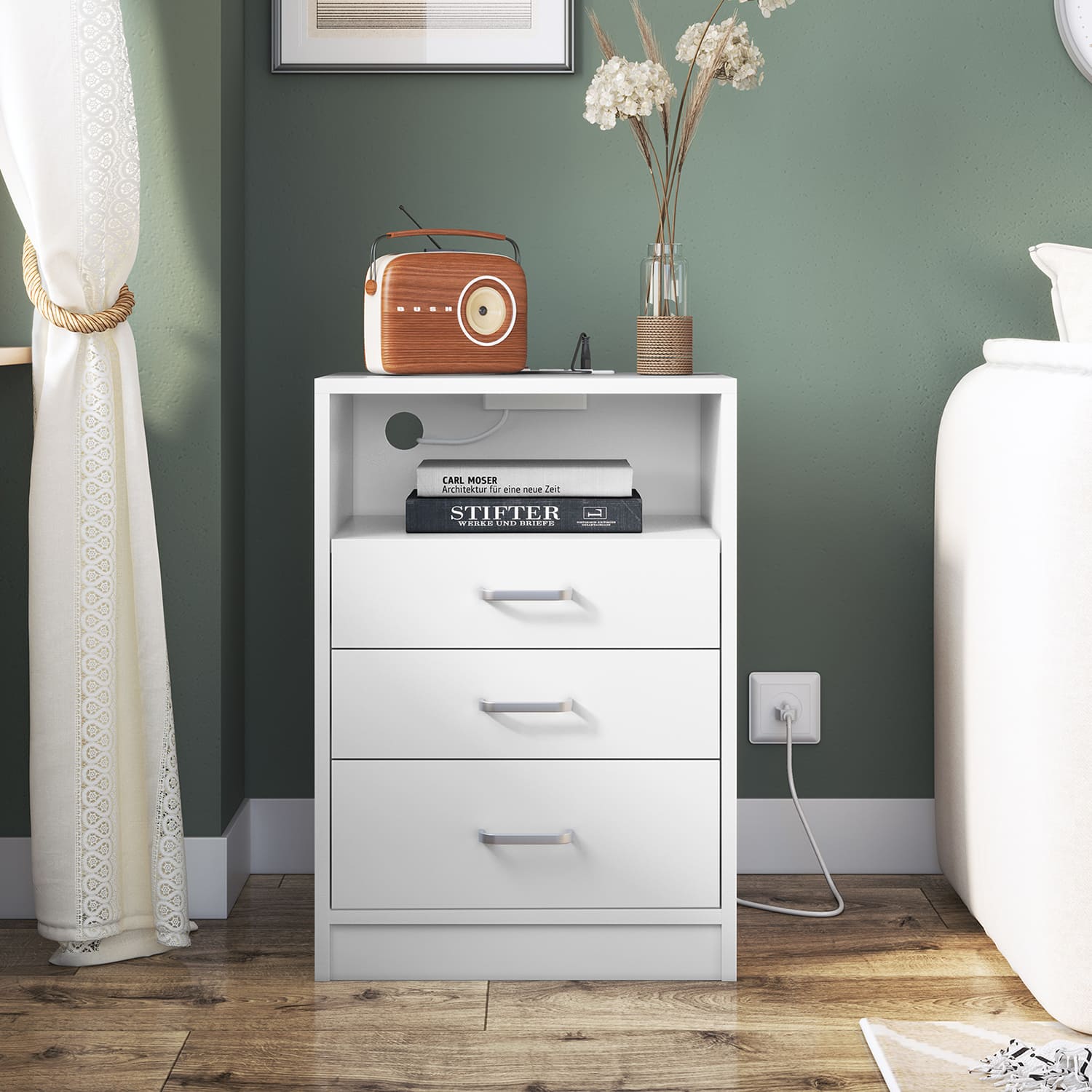 Sikaic Nightstand 3 Drawers With USB Port Sliding Drawer White