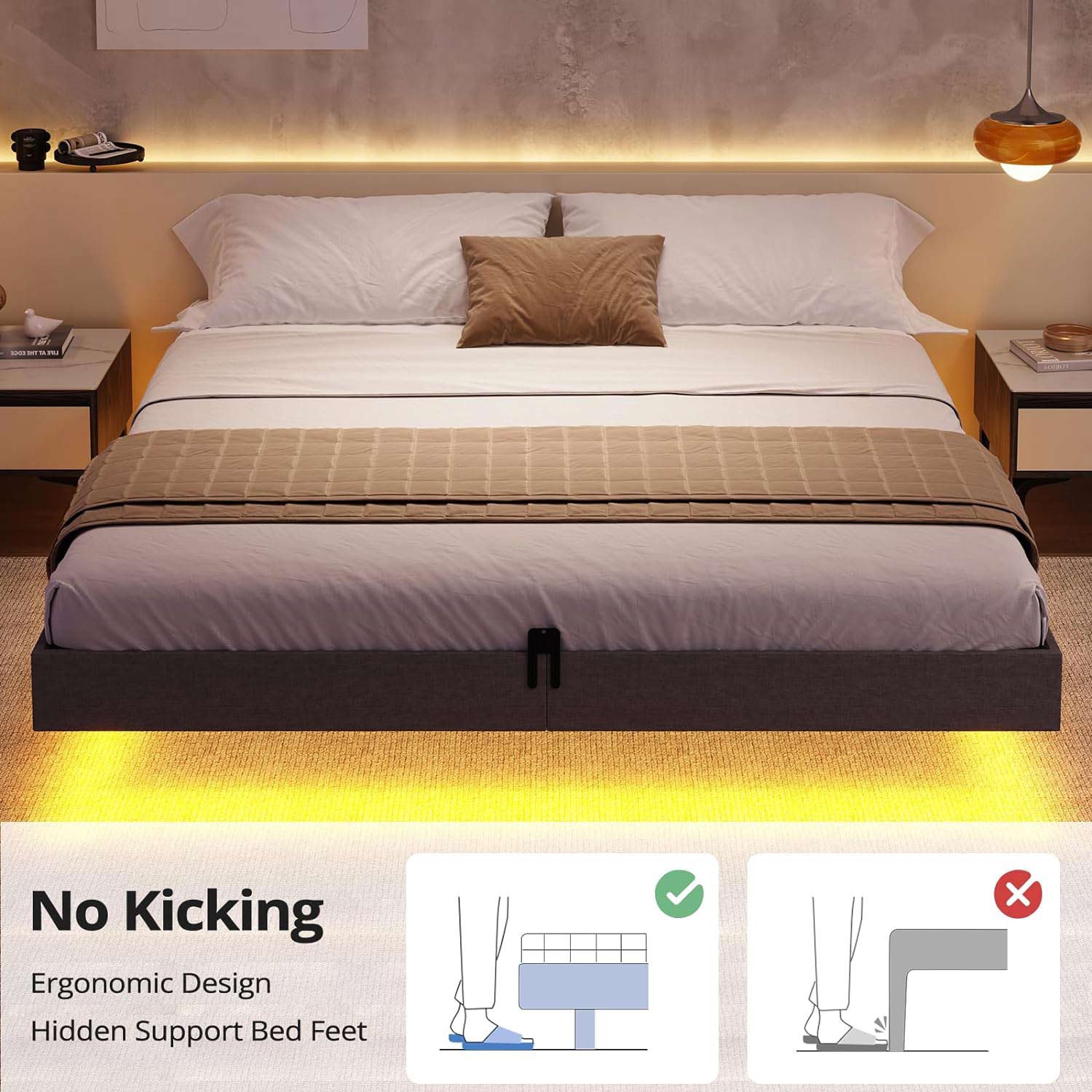 Sikaic Bed Frame Floating Bed Frame Linen Upholstered Platform with LED Lights Underbed Storage Space No Box Spring Needed Dark Grey