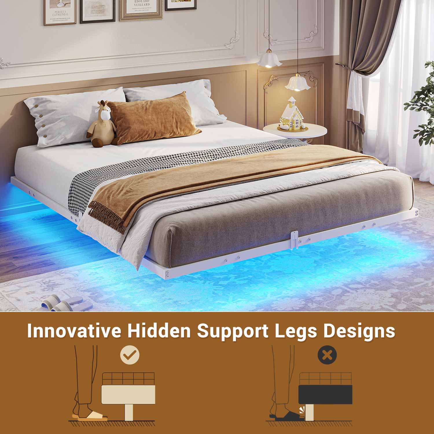 Sikaic Bed Frame Floating Bed Frame with LED Lights Metal Platform No Box Spring Needed White
