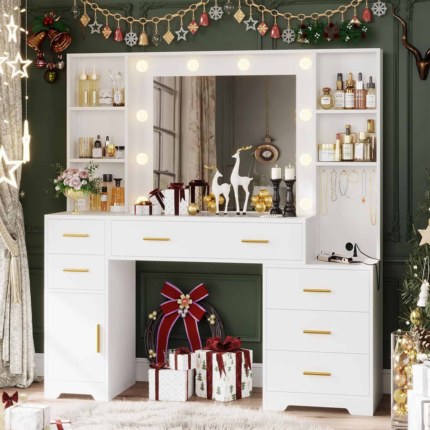 Sikaic Makeup Vanity 48.8 Inches Large Makeup Vanity Desk with Lighted Mirror & Power Outlet Glass Tabletop Bedroom Dressing Table White