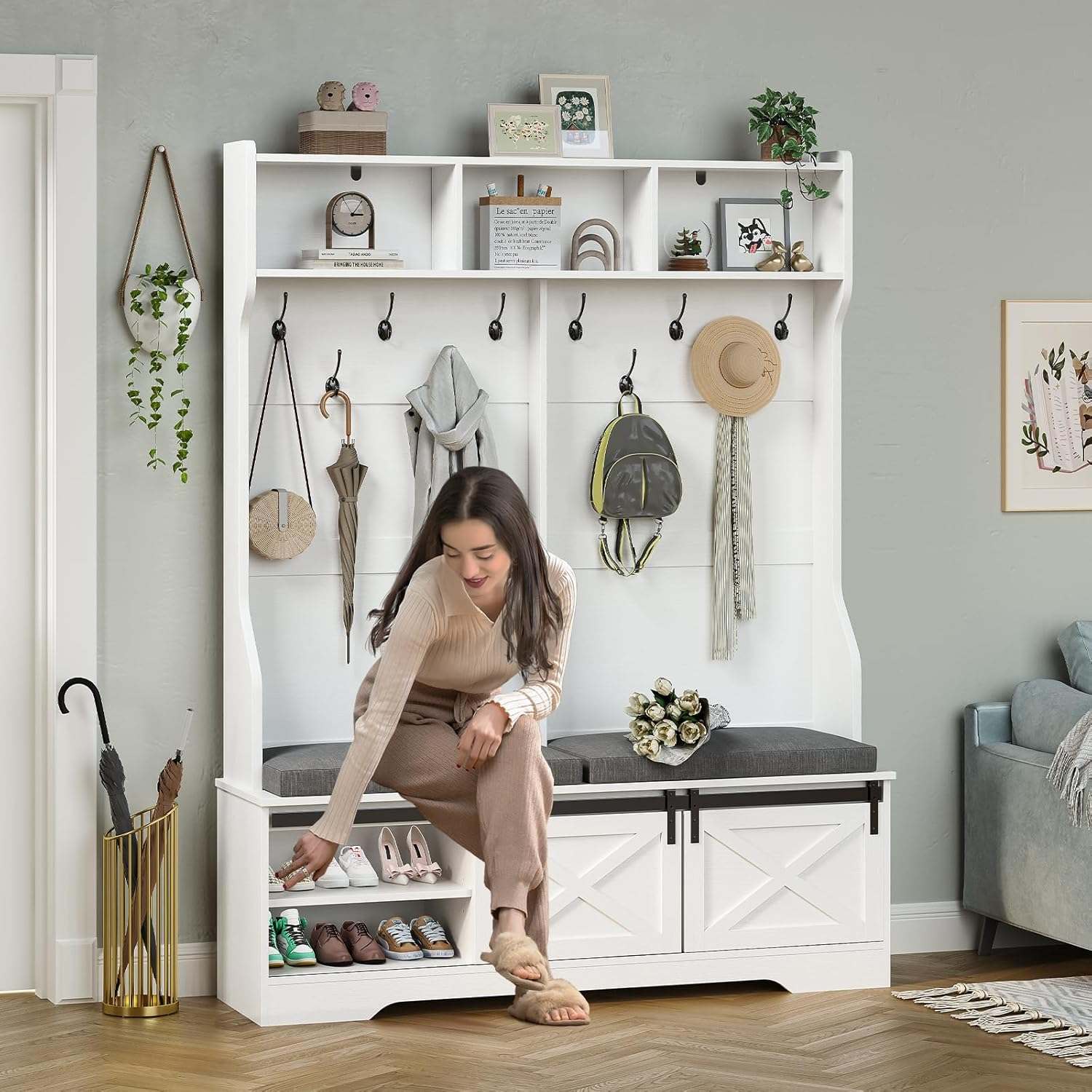 Sikaic Hall Tree 60 Inches Hall Tree with Bench and Shoe Storage White White / Engineered Wood / Farmhouse