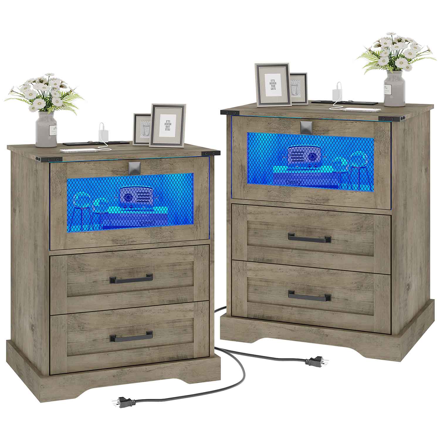 Sikaic Nightstand LED Nightstand with Charging Station 2 Drawers and Open Cubby Rustic Oak Grey Grey / Engineered Wood / Modern