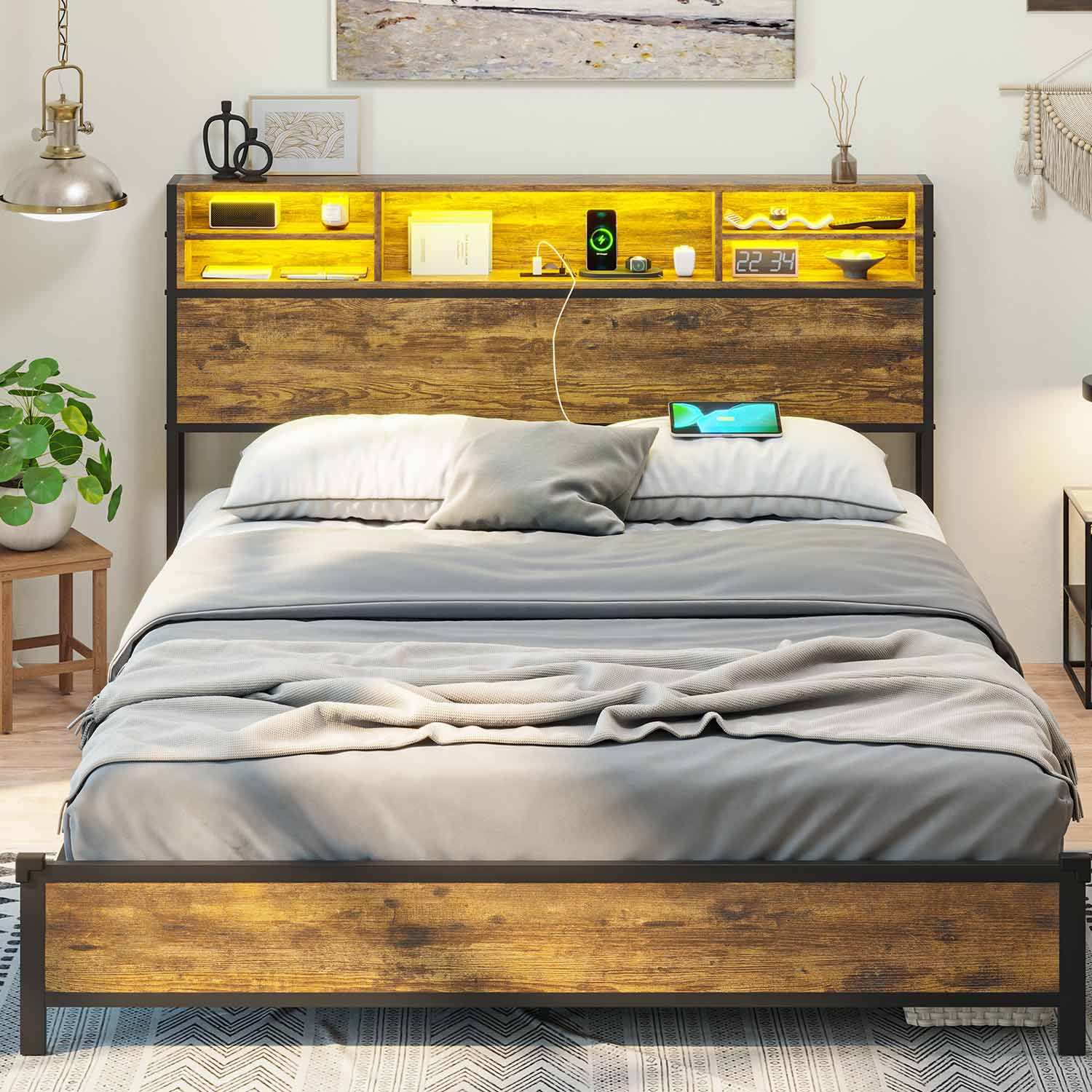 Sikaic Bed Frame Metal Platform LED Bed Frame with Outlets and USB Ports No Box Spring Needed Brown