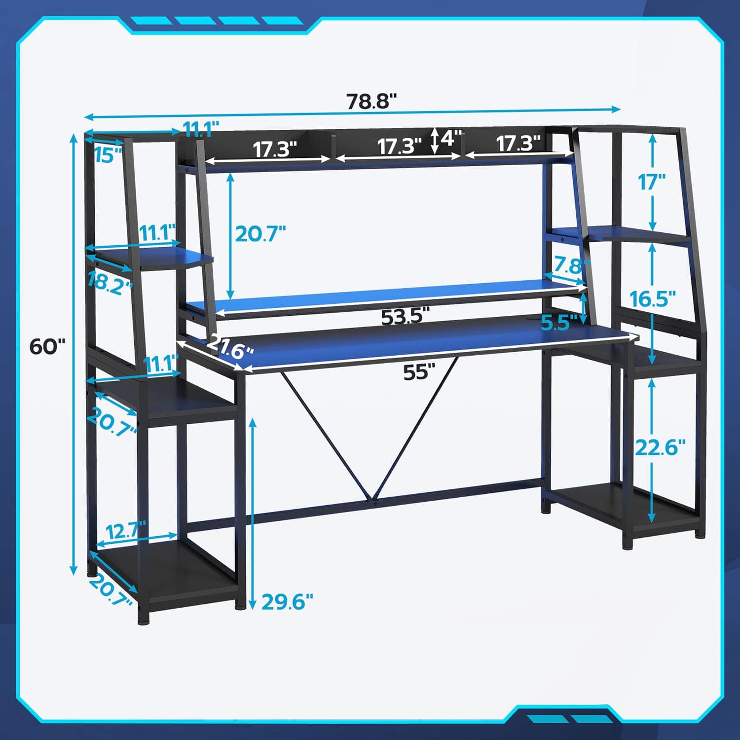 Sikaic Gaming Desk 78.8 Inches Large PC Gamer Ergonomic Gaming Desk with LED Lights Hutch  Black