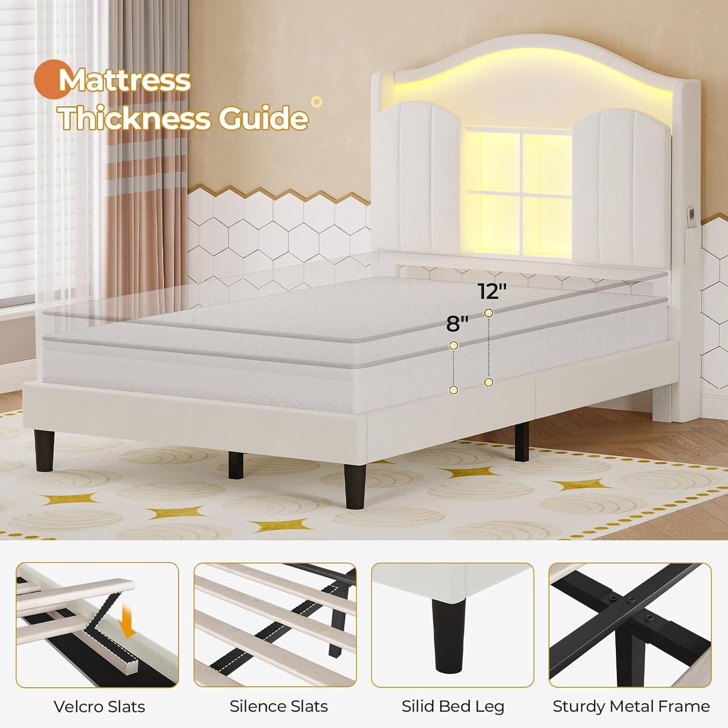Sikaic Bed Frame Twin Size LED Bed Frame with Charging Station and Storage Headboard White White / Engineered Wood / Modern