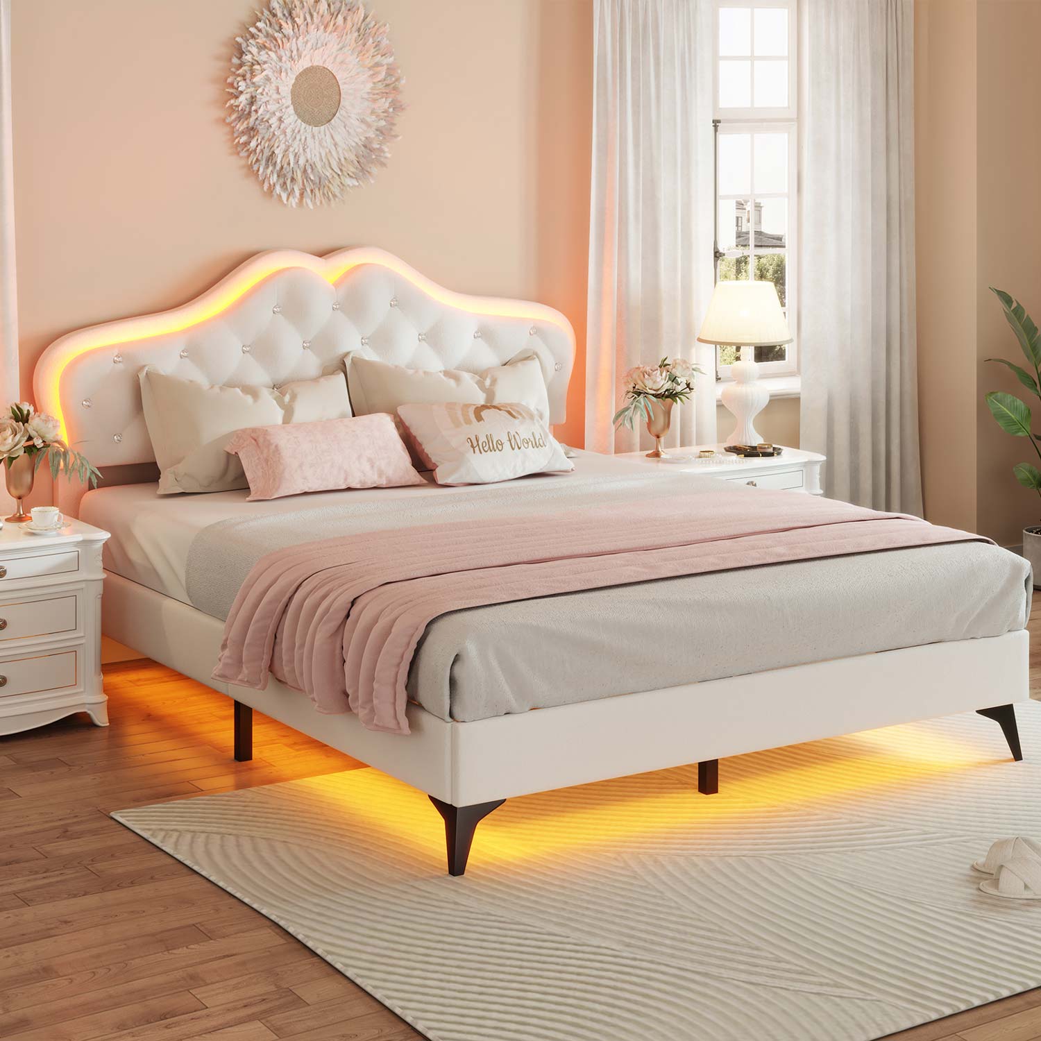 Sikaic Bed Frame Princess Velvet Upholstered Platform Bed Frame with Adjustable Crystal Button Headboard and RGB LED Lights Creamy White