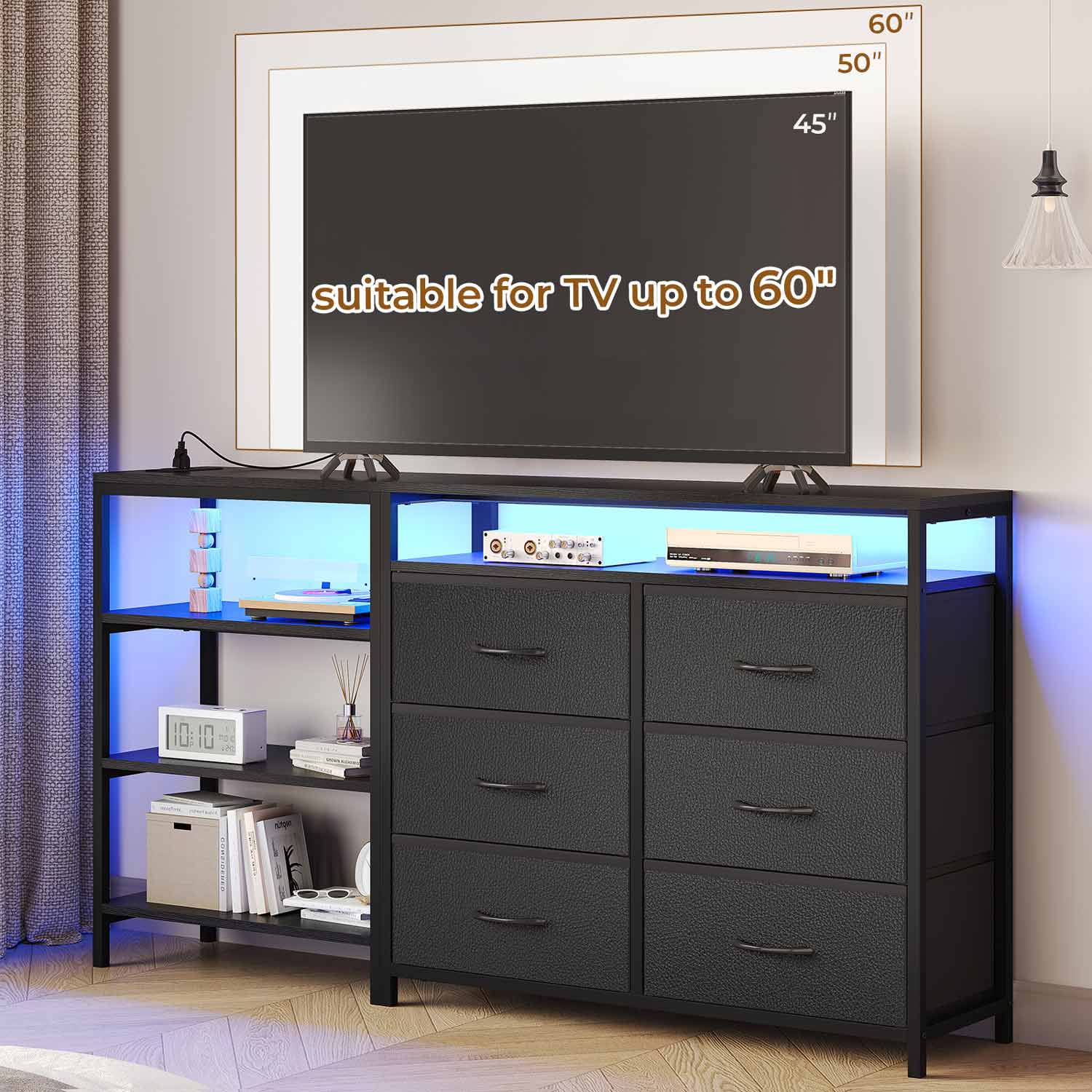 Sikaic TV Stands Corner L Shaped LED TV Stand Convertible Dresser with Charging Station and Open Shelf & PU Finish Drawers for Living Room Black