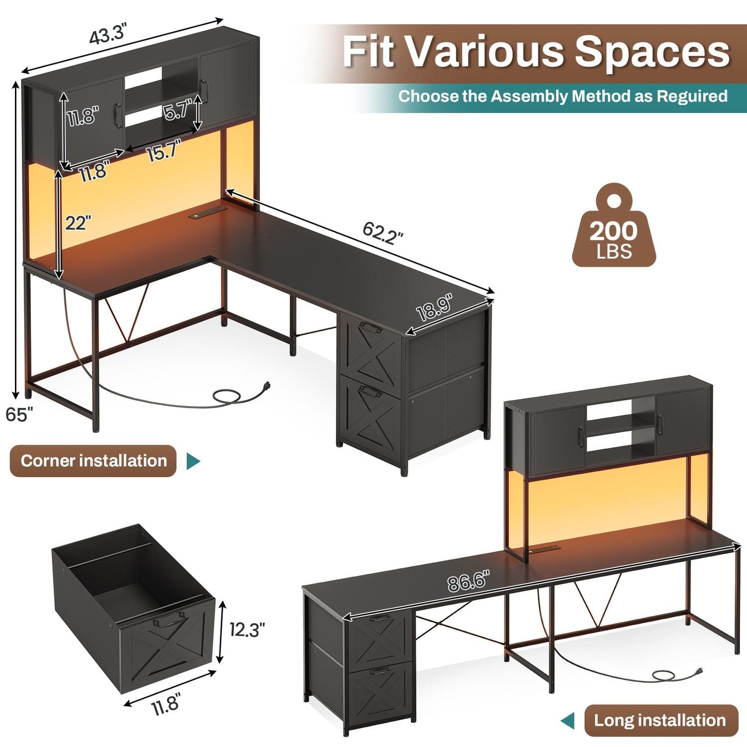 Sikaic Gaming Desk LED lights L Shaped Gaming Desk with Fabric File Drawers and Power Outlet Hutch & Storage Shelves Black