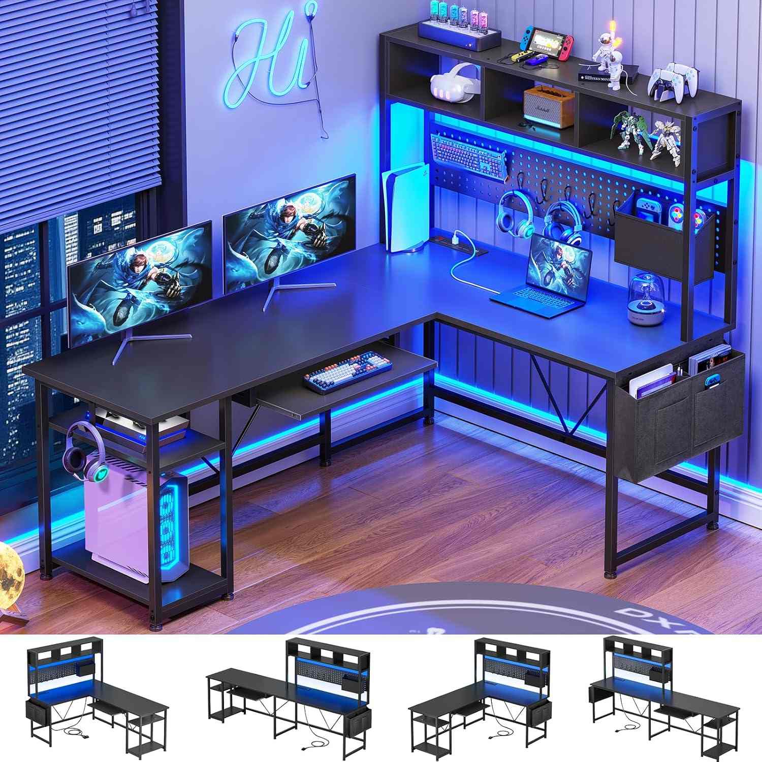 Sikaic Gaming Desk 57.5 Inches Reversible L Shaped Gaming Desk with LED Lights and Power Outlet Black Black / Engineered Wood / Modern