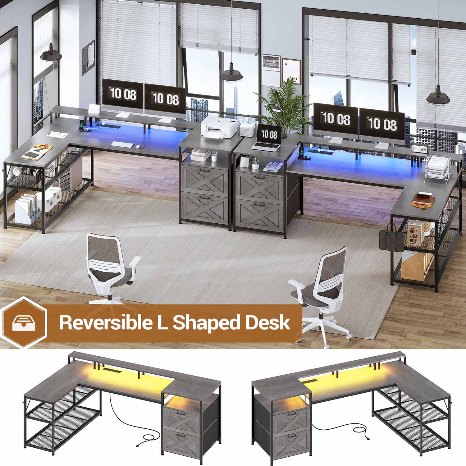 Sikaic Gaming Desk 67 Inches Reversible L Shaped Gaming Desk with Power Outlet LED Lights & Drawers Storage Shelves Grey