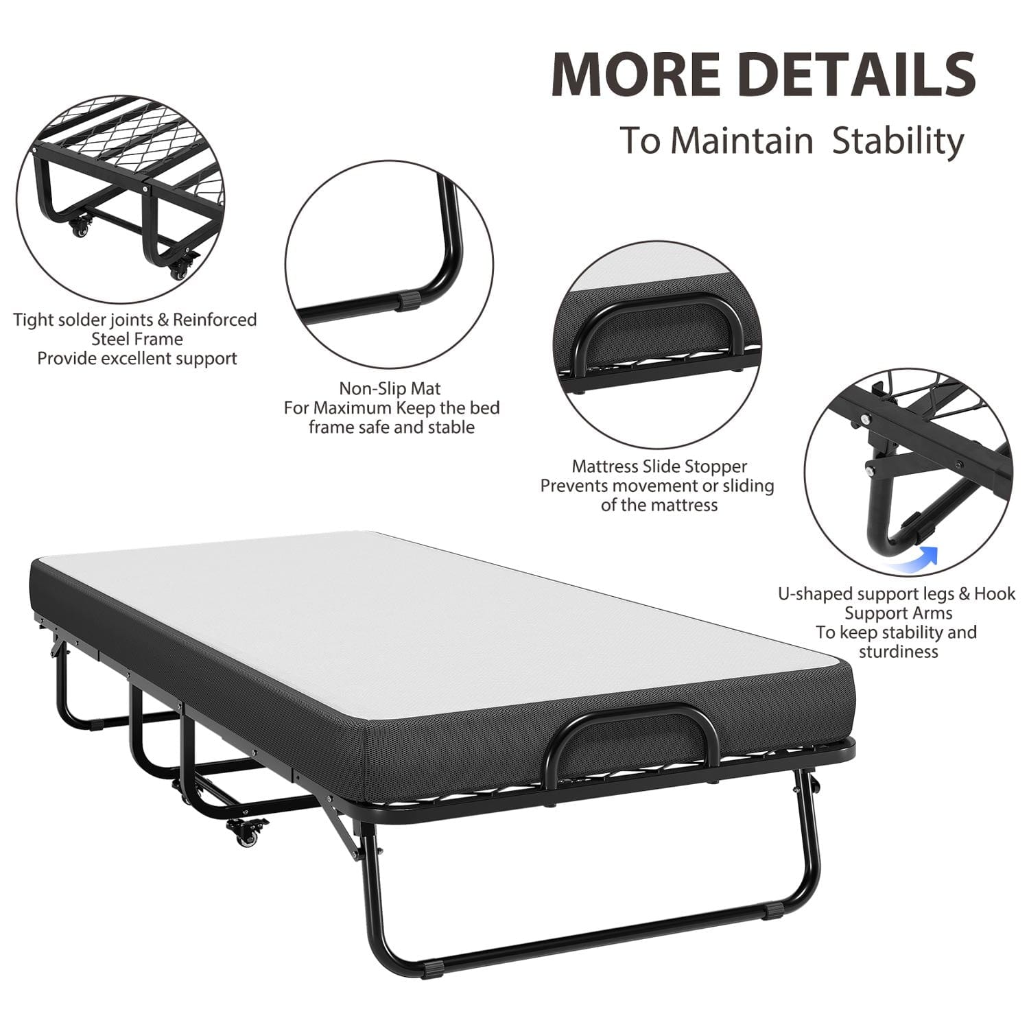 Sikaic Beds & Bed Frames Twin Size Folding Bed with Luxurious Memory Foam Mattress Metal Wheels Black