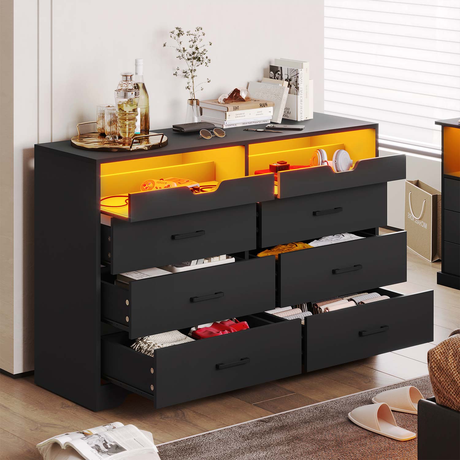 Sikaic Dressers 6 Drawers LED Dresser with 2 Pull-Out Tray Storage Organizer Black