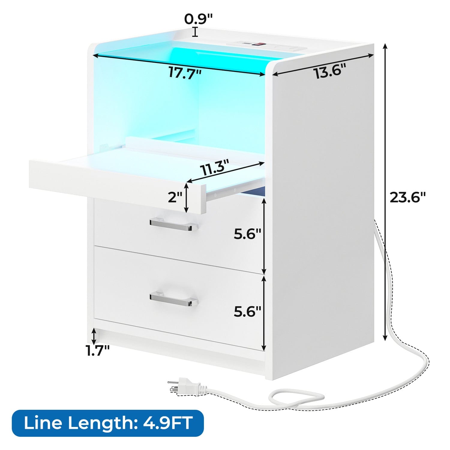 Sikaic Nightstand LED Nightstand with Charging Station Drawers White