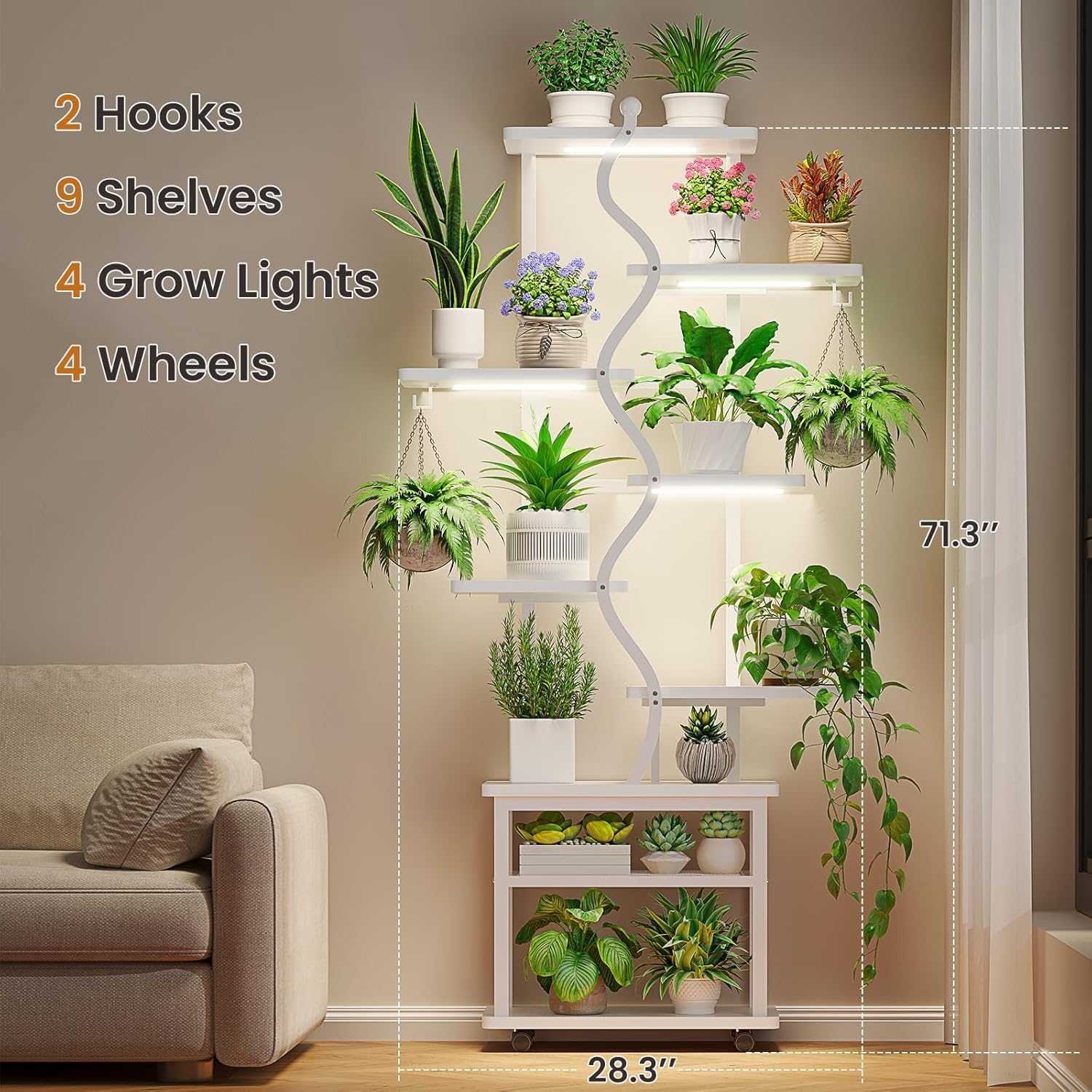 Sikaic Plant Stand 71 Inches S-Shaped Plant Stand Indoor with Grow Lights Rustic White White / Engineered Wood / Modern