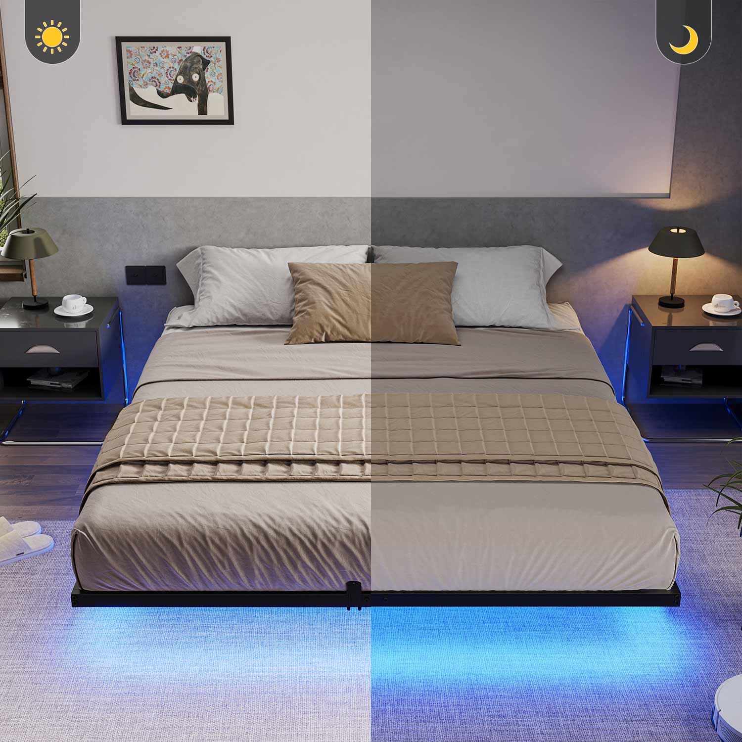 Sikaic Beds & Bed Frames Metal Floating Bed Frame with LED Lights no Headboard Black
