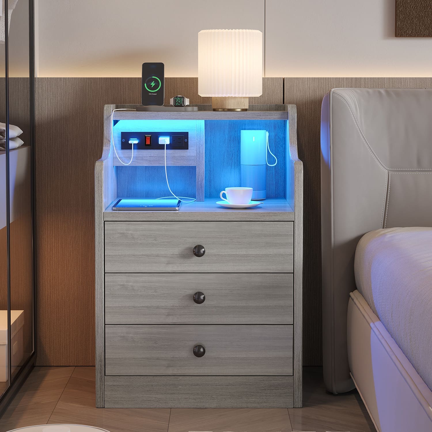 Sikaic Nightstand LED Nightstand with Hutch Drawers Charging Station Grey