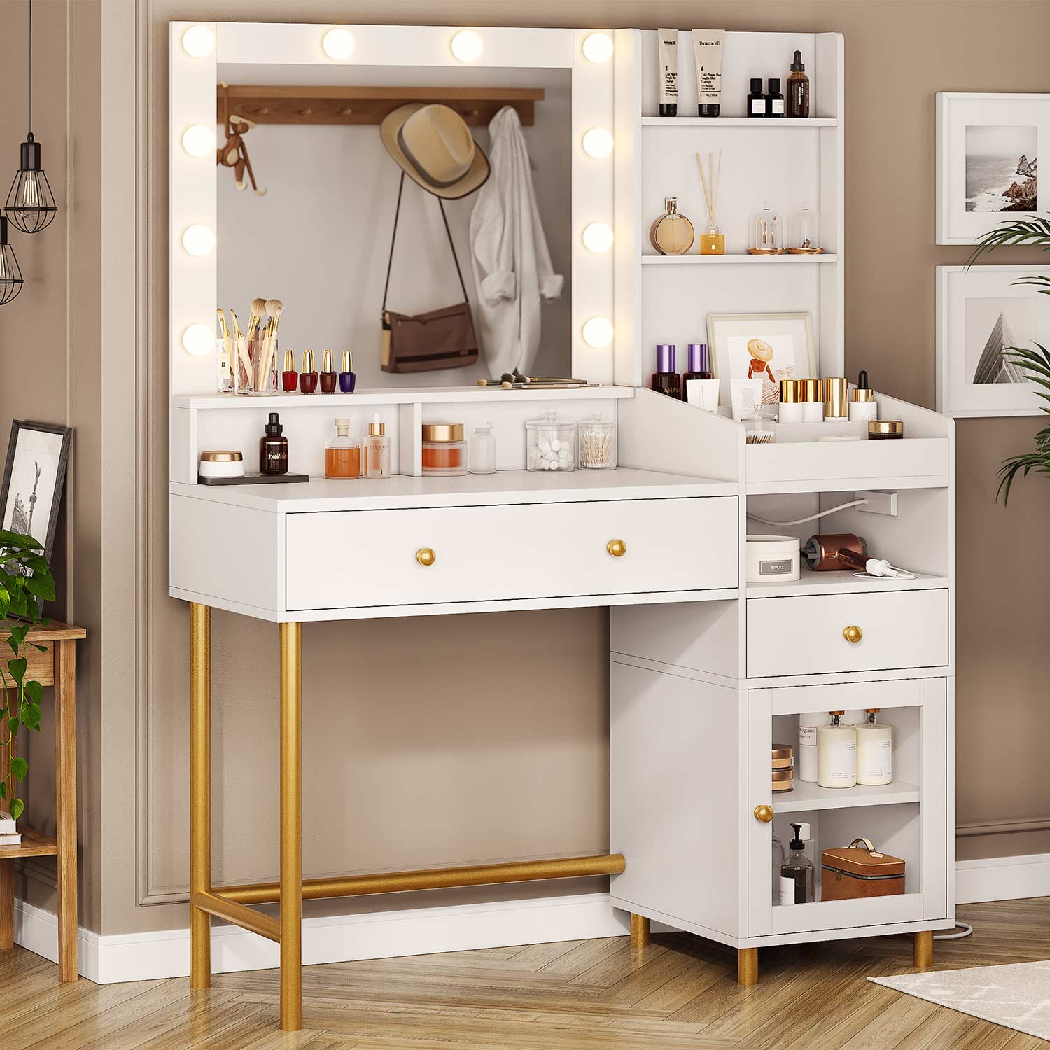 Sikaic Makeup Vanity LED Makeup Vanity with Mirror Charging Station Open Storage Shelves 3-Compartment Organizer White