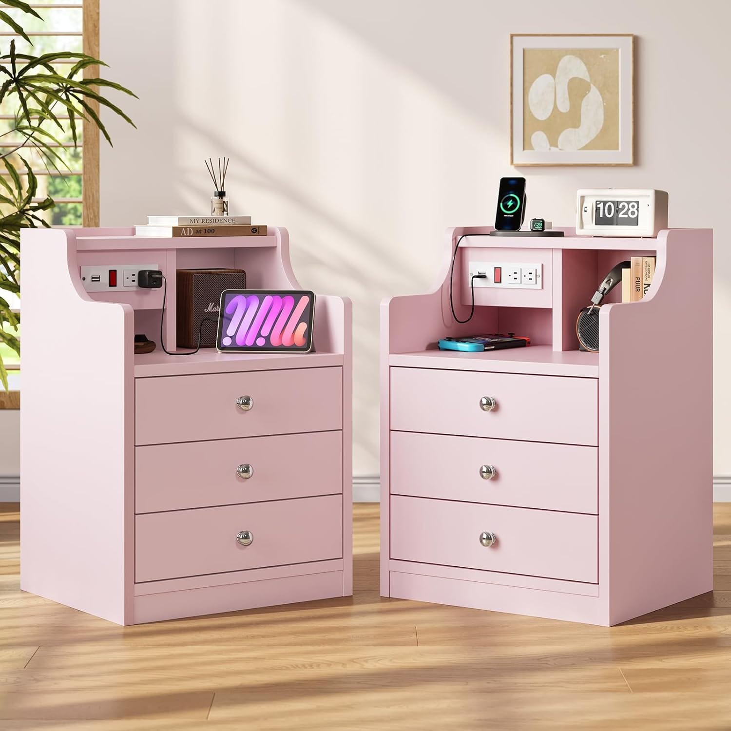 Sikaic Nightstand Nightstand with Charging Station Storage Drawers Pink Pink / Engineered Wood / Modern
