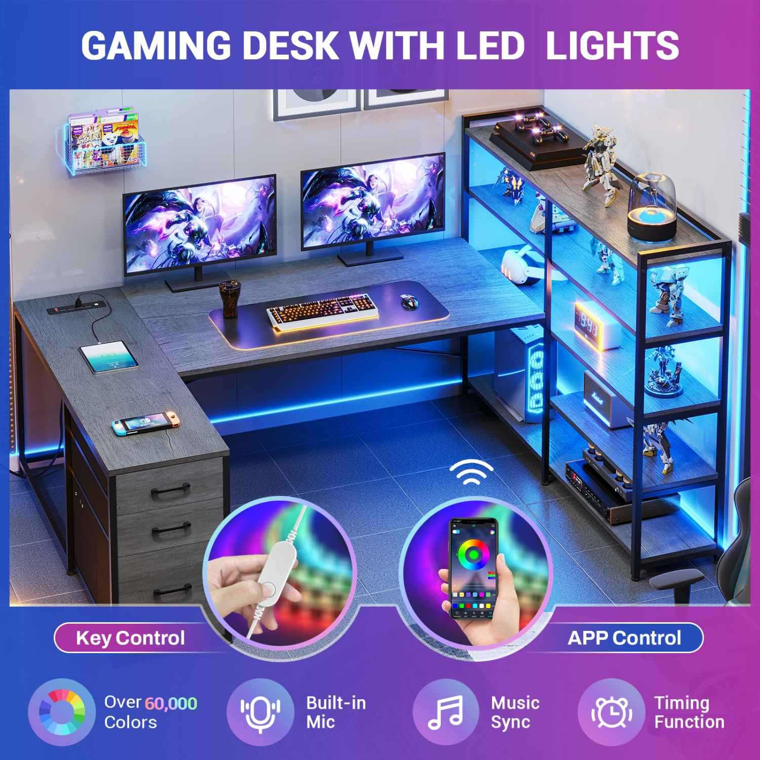 Sikaic Gaming Desk 64.5 inches Reversible Gaming Desk Grey Grey / Engineered Wood / Modern