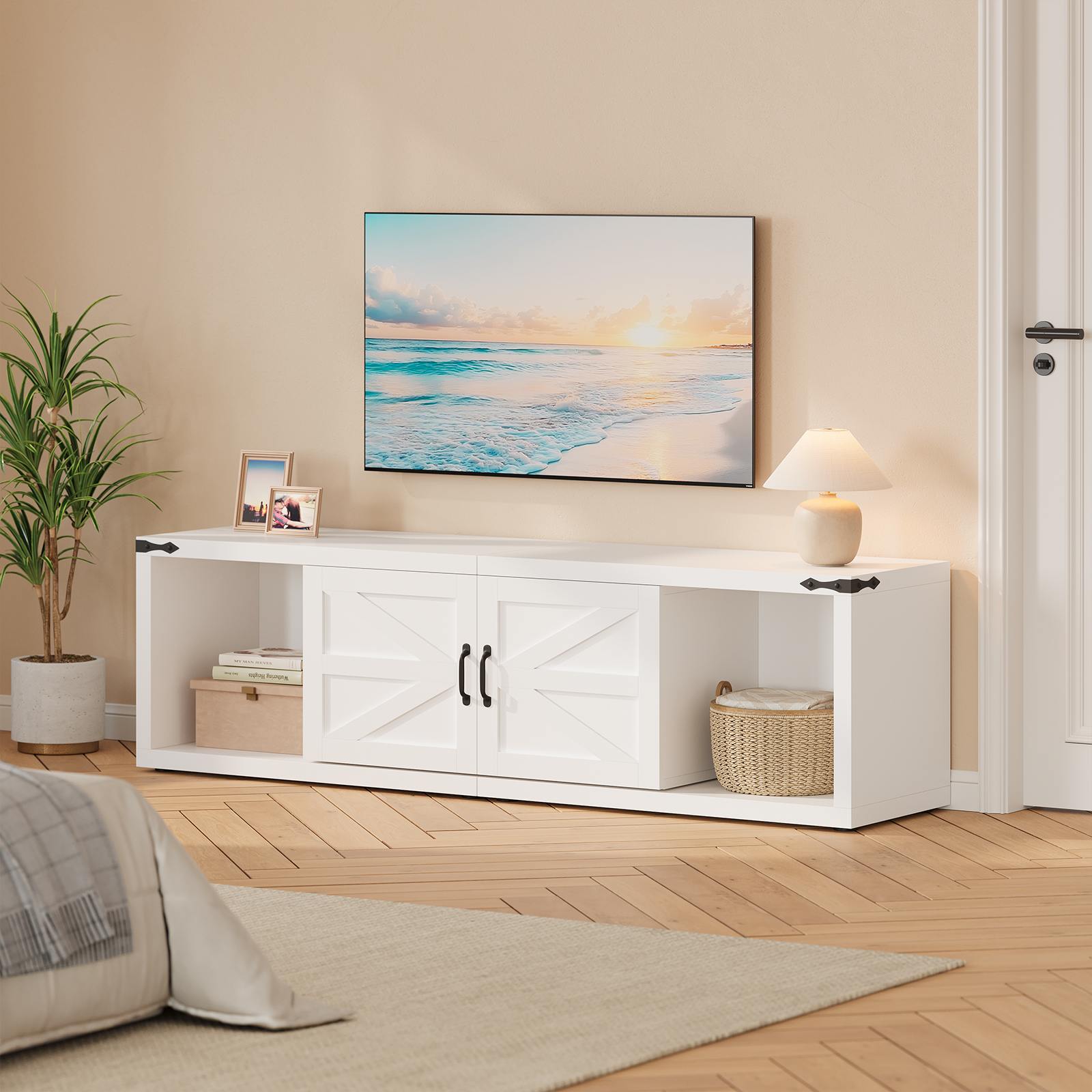 Sikaic TV Stands 86 Inches Deformable TV Stand with Storage White White / Engineered Wood / Farmhouse