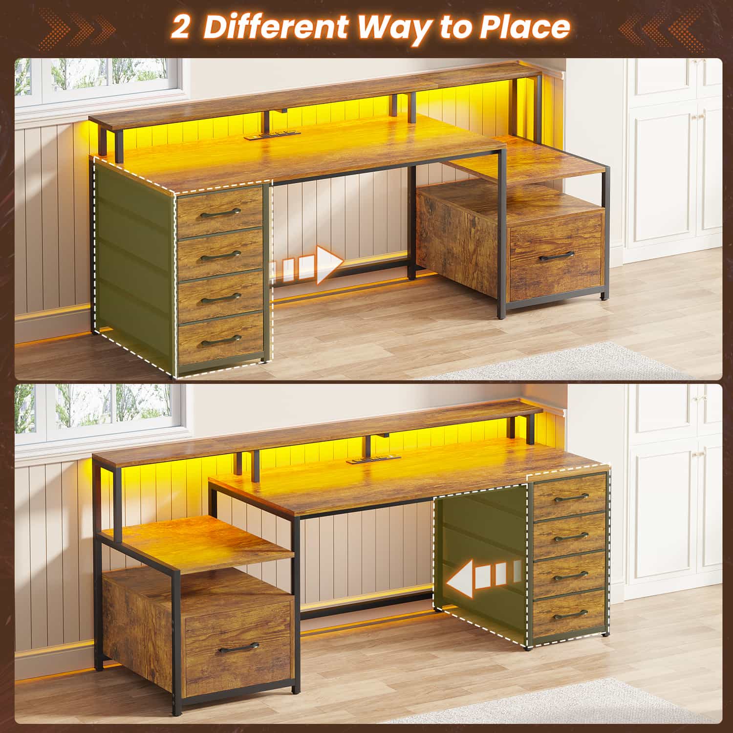 Sikaic Gaming Desk 66 inches LED Gaming Desk with File Drawer Power Outlet  Printer Cabinet and Monitor Shelf Brown
