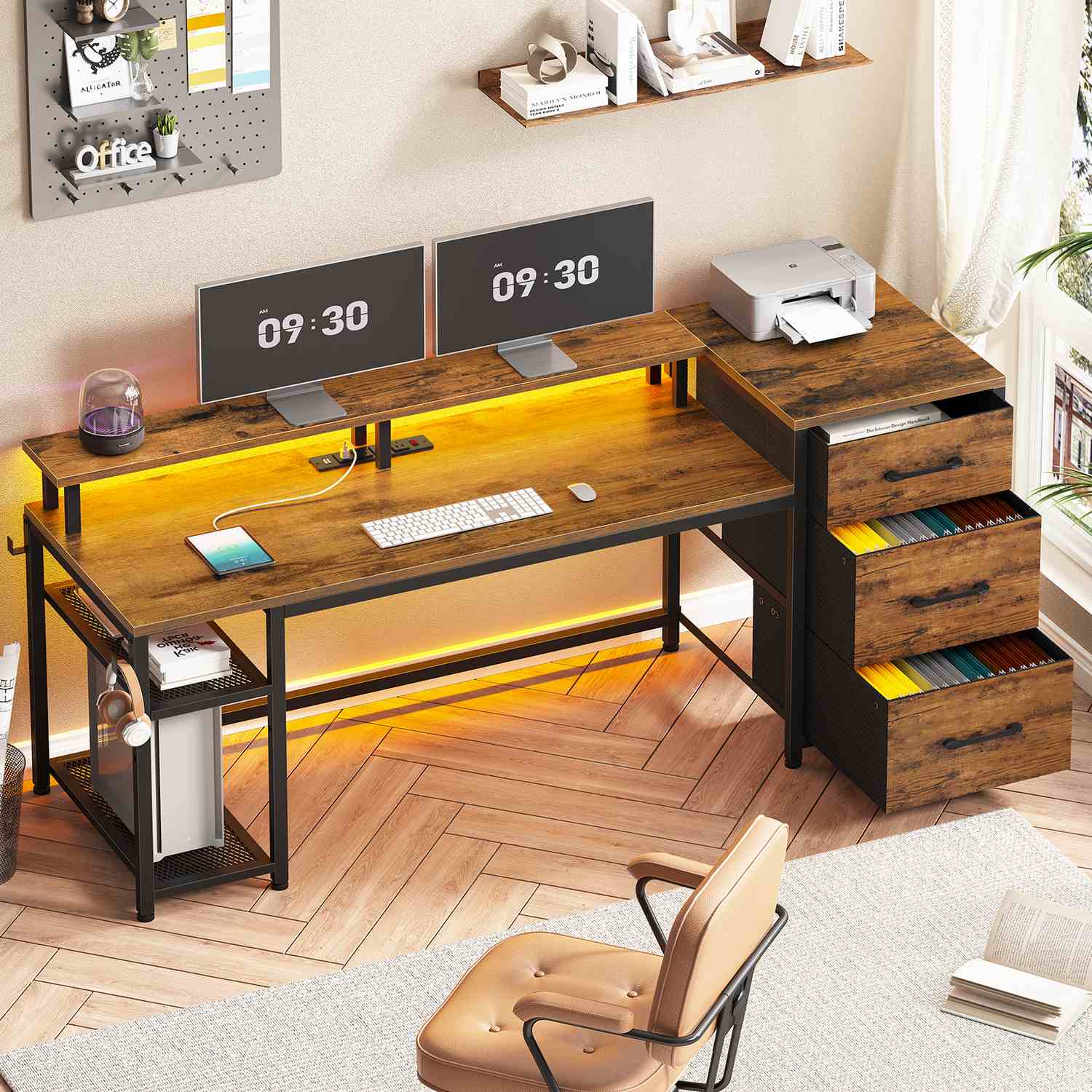 Sikaic Gaming Desk 59 Inches Reversible Gaming Desk with LED Lights & Power Outlet File Drawers and Storage Rustic Brown