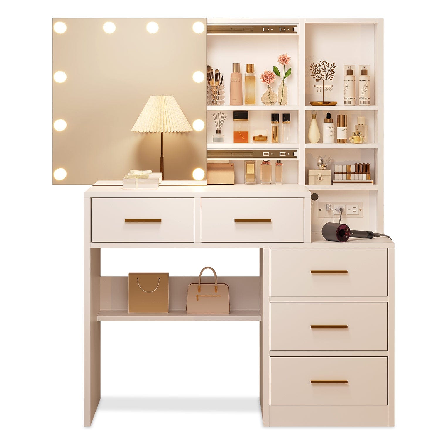 Sikaic Makeup Vanity 5 Drawers LED Makeup Vanity with Sliding Mirror White White / Glass / Modern