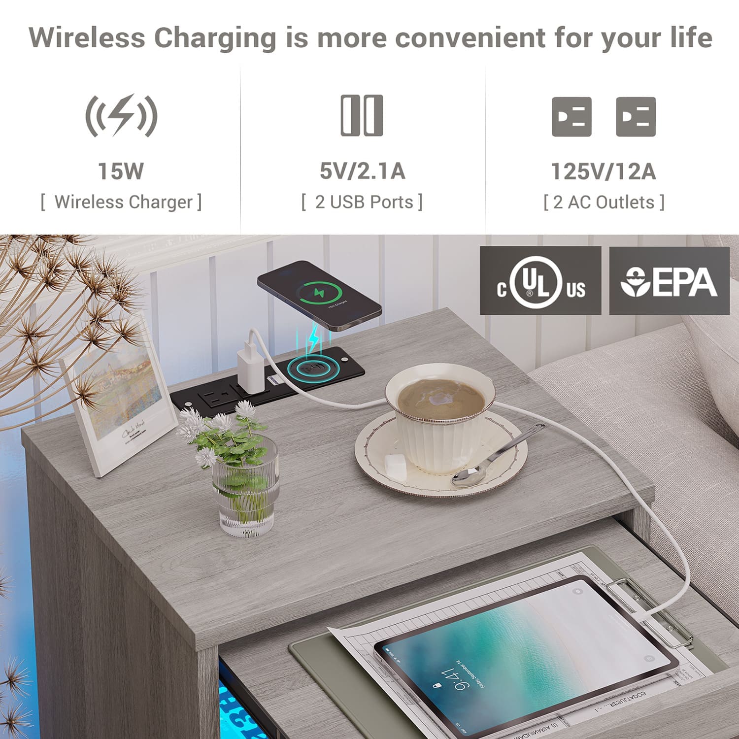 Sikaic Nightstand Nightstand with Pull-Out Shelf Wireless Charging Station and LED Lights Grey