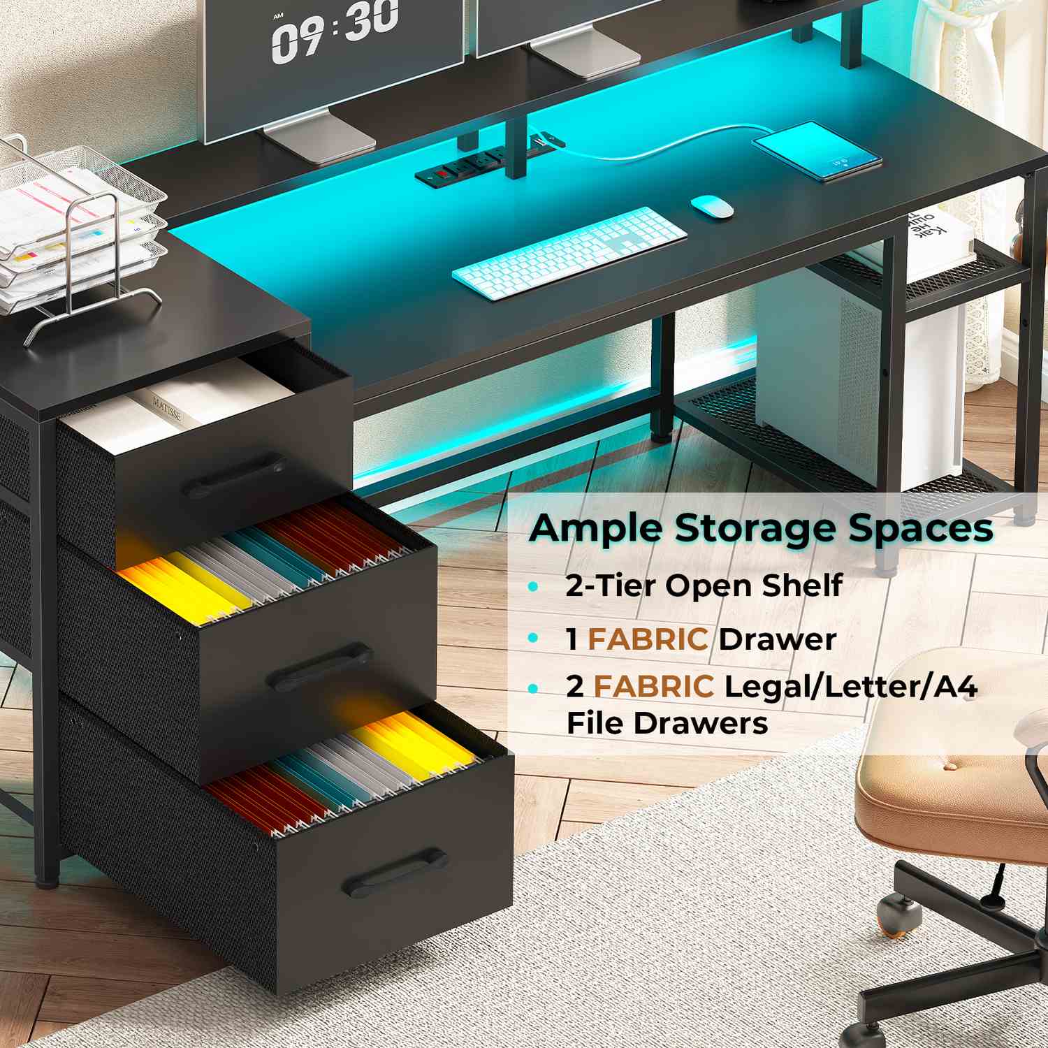 Sikaic Gaming Desk 59 Inches Reversible Gaming Desk with LED Lights & Power Outlet File Drawers and Storage Black